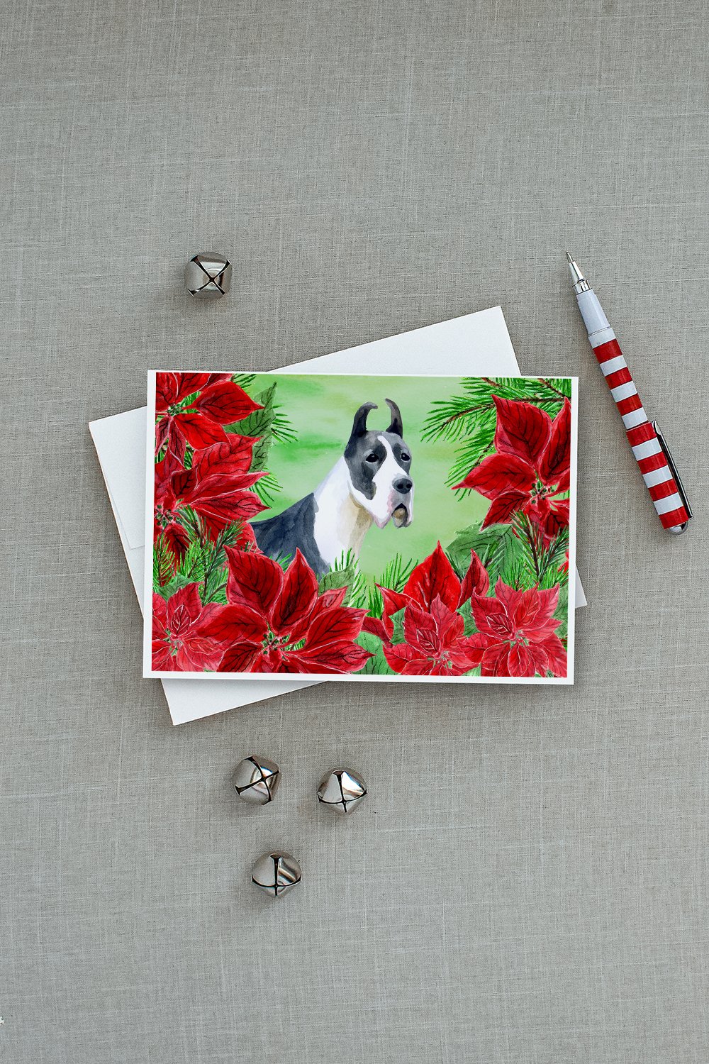 Harlequin Great Dane Poinsettas Greeting Cards and Envelopes Pack of 8 - the-store.com