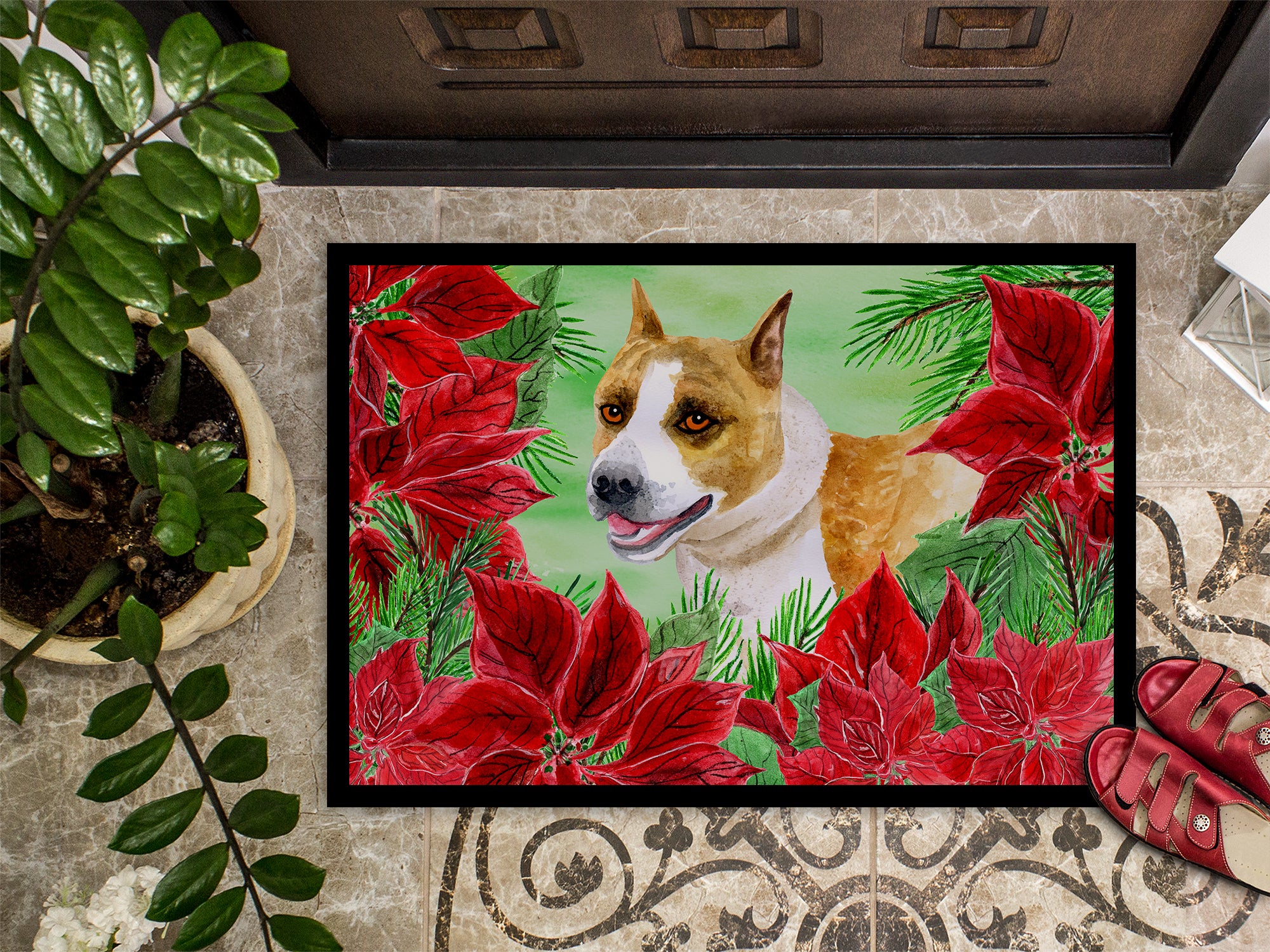 American Staffordshire Poinsettas Indoor or Outdoor Mat 18x27 CK1293MAT - the-store.com