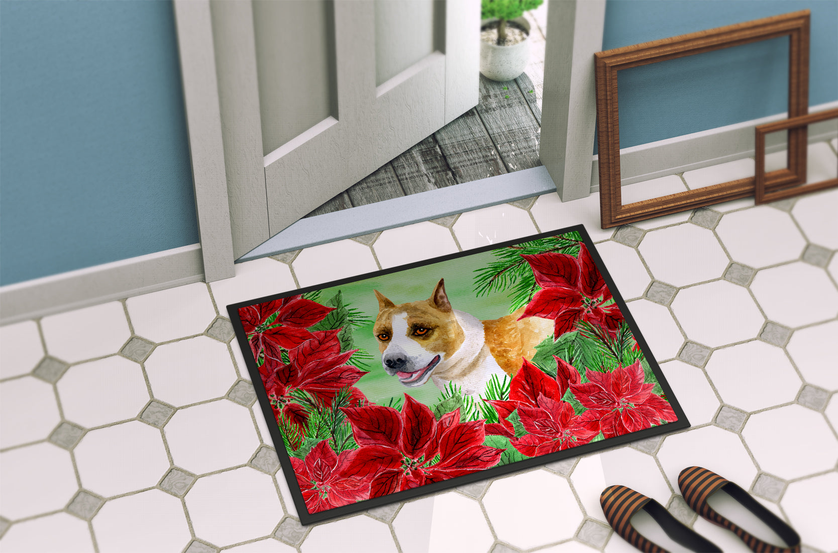 American Staffordshire Poinsettas Indoor or Outdoor Mat 18x27 CK1293MAT - the-store.com