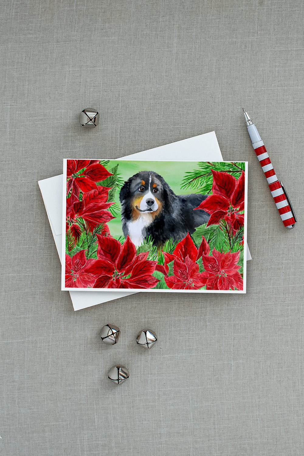 Bernese Mountain Dog Poinsettas Greeting Cards and Envelopes Pack of 8 - the-store.com