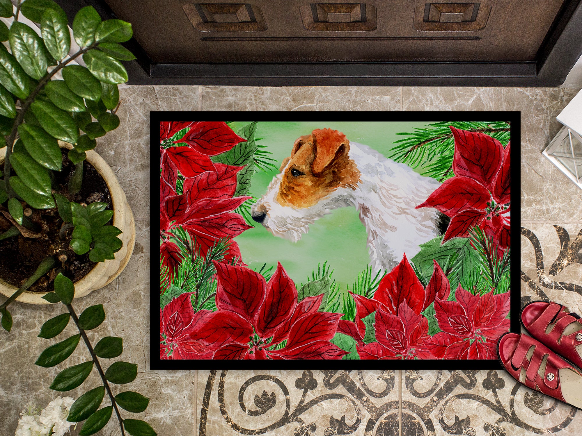 Fox Terrier Poinsettas Indoor or Outdoor Mat 18x27 CK1298MAT - the-store.com