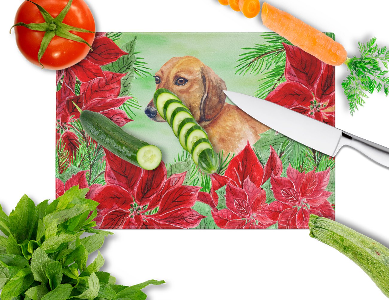 Caroline's Treasures Dachshund Poinsettas Glass Cutting Boards – Durable, Decorative Kitchen Art Large CK1300LCB