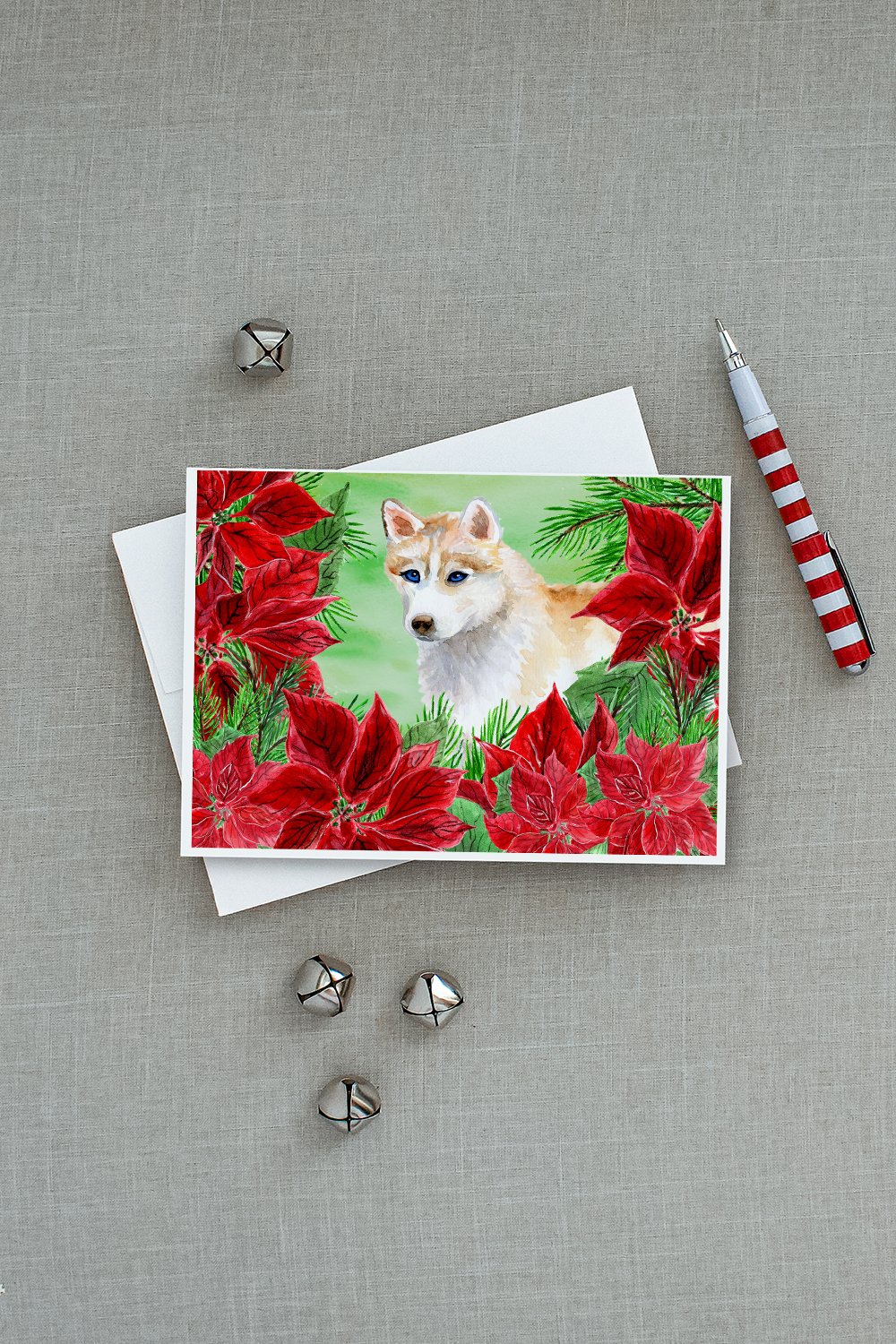 Siberian Husky Poinsettas Greeting Cards and Envelopes Pack of 8 - the-store.com