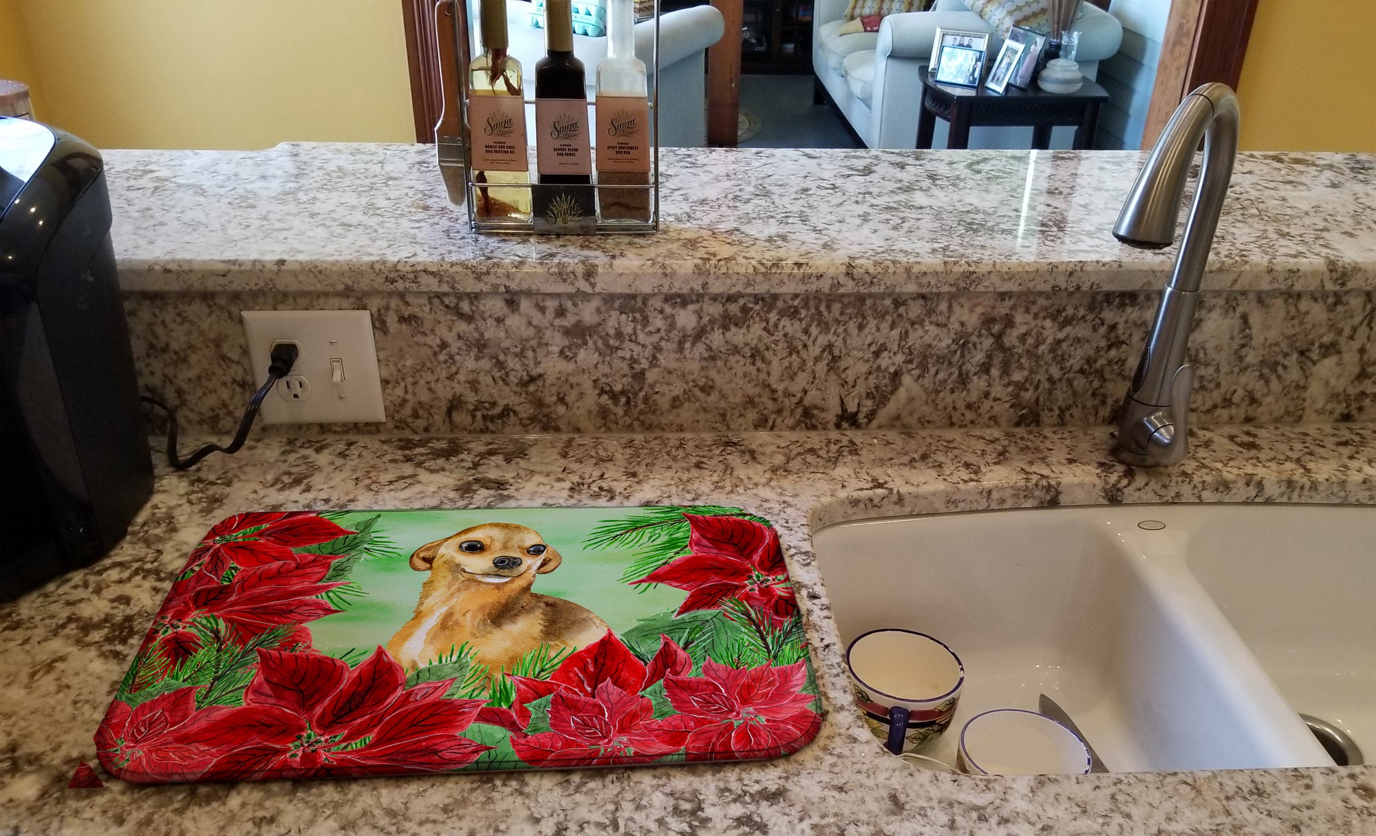 Chihuahua Poinsettas Dish Drying Mat CK1306DDM  the-store.com.