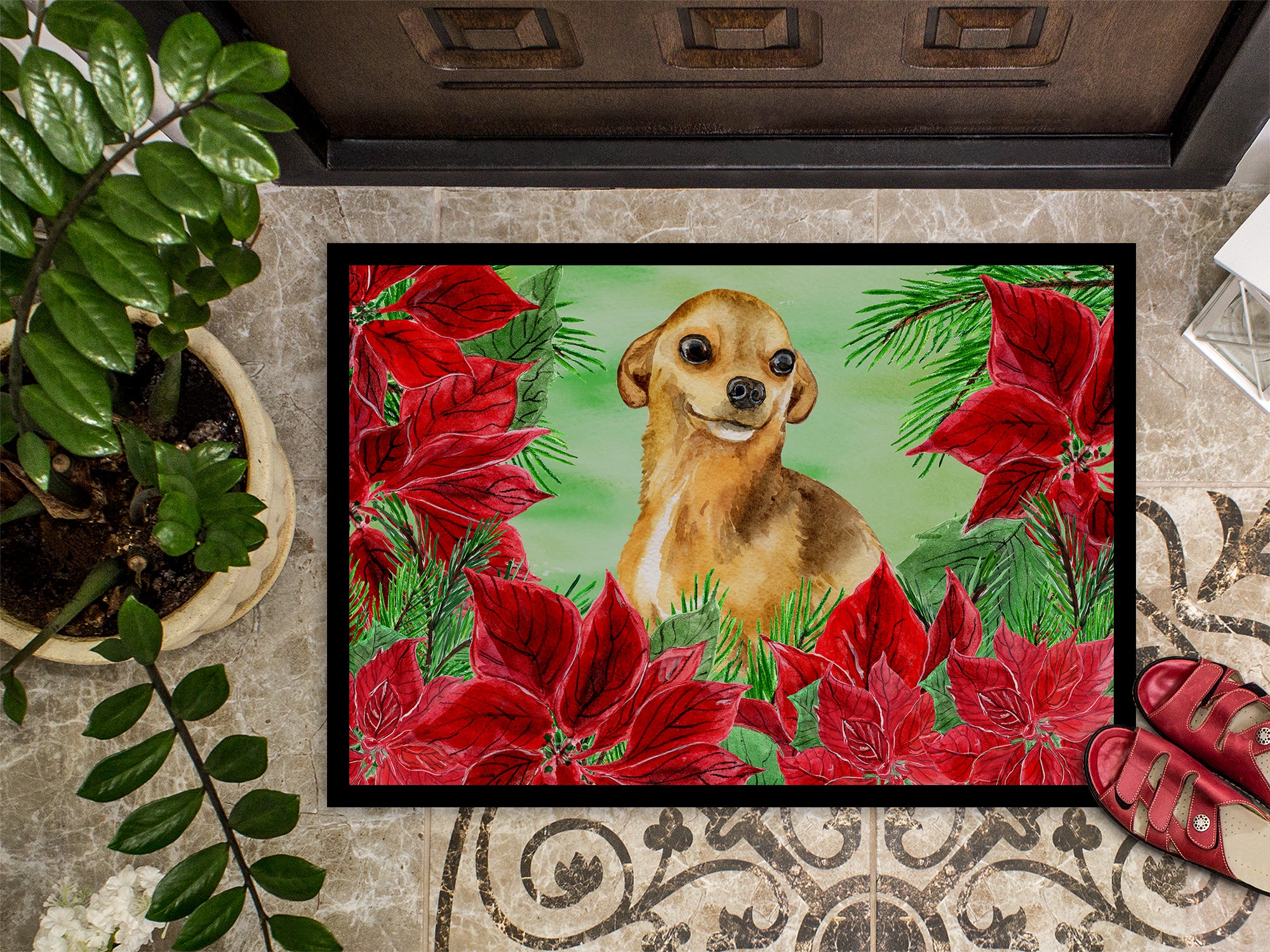 Chihuahua Poinsettas Indoor or Outdoor Mat 18x27 CK1306MAT - the-store.com