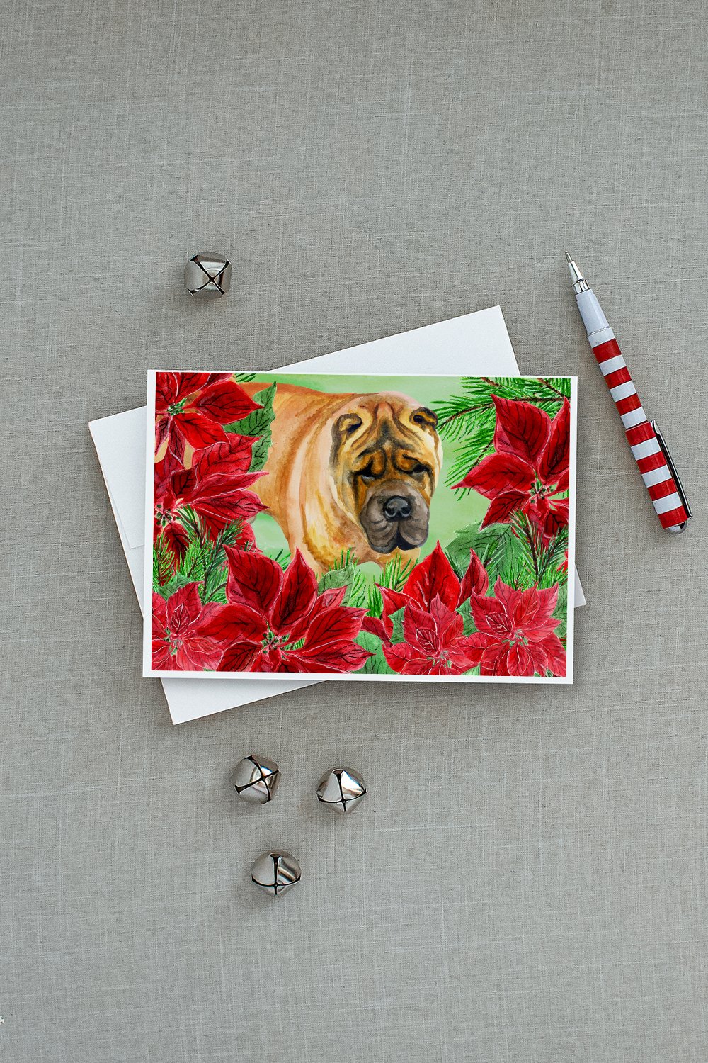 Shar Pei Poinsettas Greeting Cards and Envelopes Pack of 8 - the-store.com
