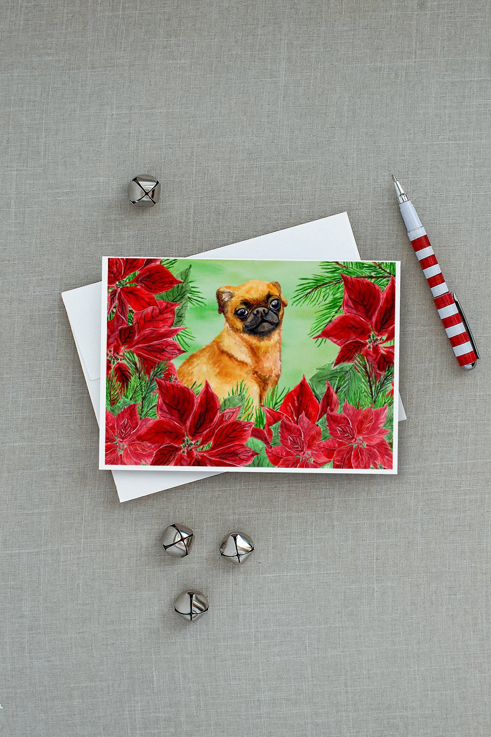 Small Brabant Griffon Poinsettas Greeting Cards and Envelopes Pack of 8 - the-store.com