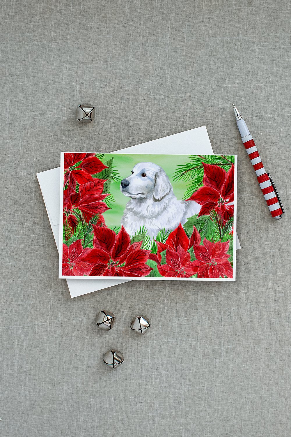 Maremma Sheepdog Poinsettas Greeting Cards and Envelopes Pack of 8 - the-store.com