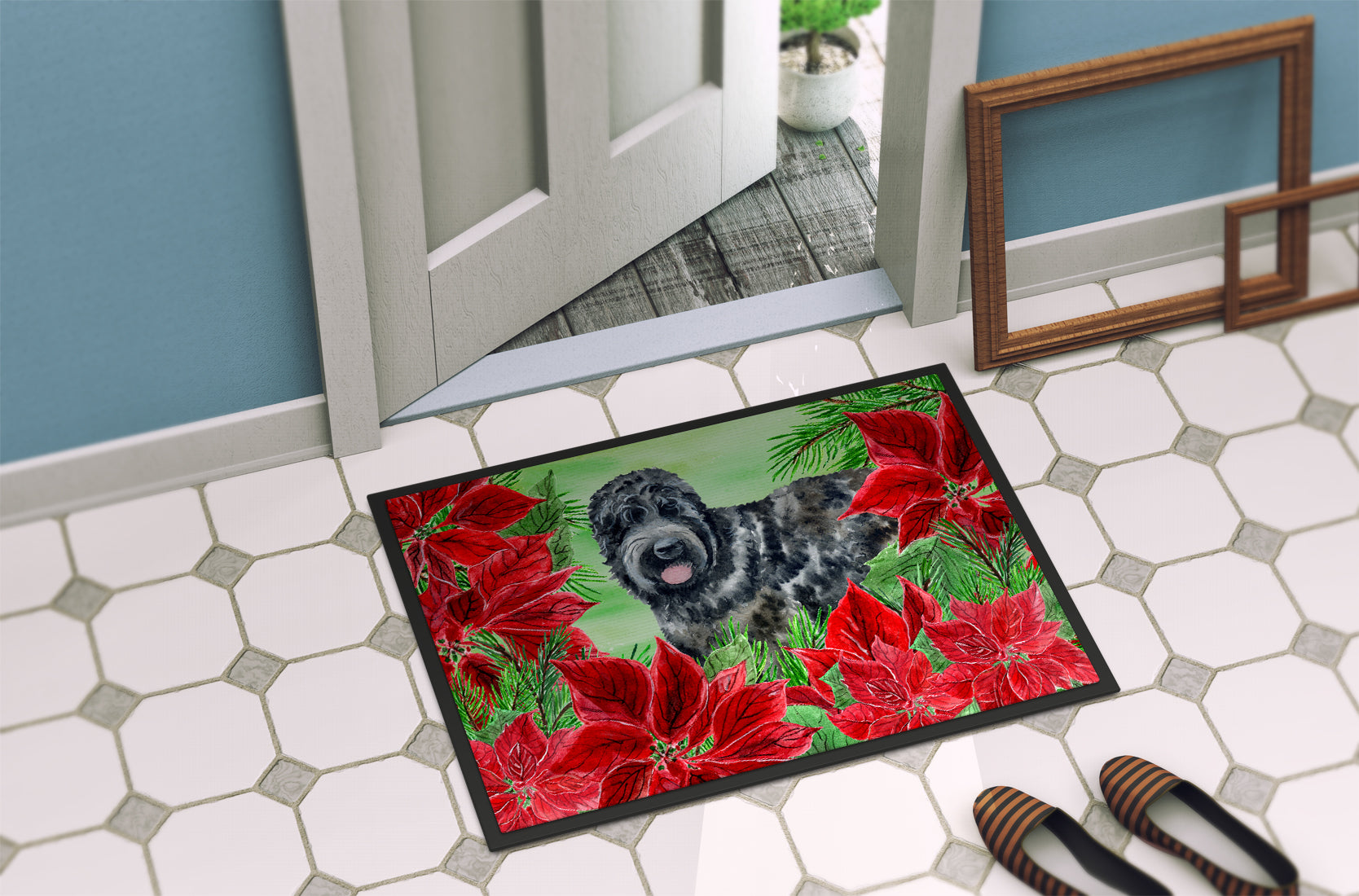 Black Russian Terrier Poinsettas Indoor or Outdoor Mat 18x27 CK1325MAT - the-store.com