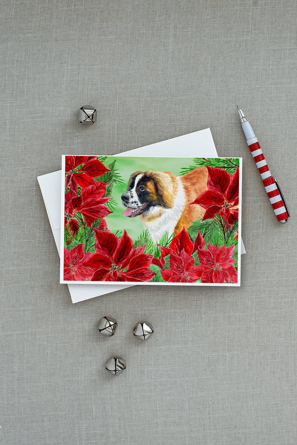 Saint Bernard Poinsettas Greeting Cards and Envelopes Pack of 8 - the-store.com