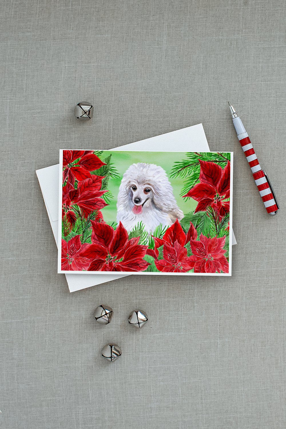 Medium White Poodle Poinsettas Greeting Cards and Envelopes Pack of 8 - the-store.com