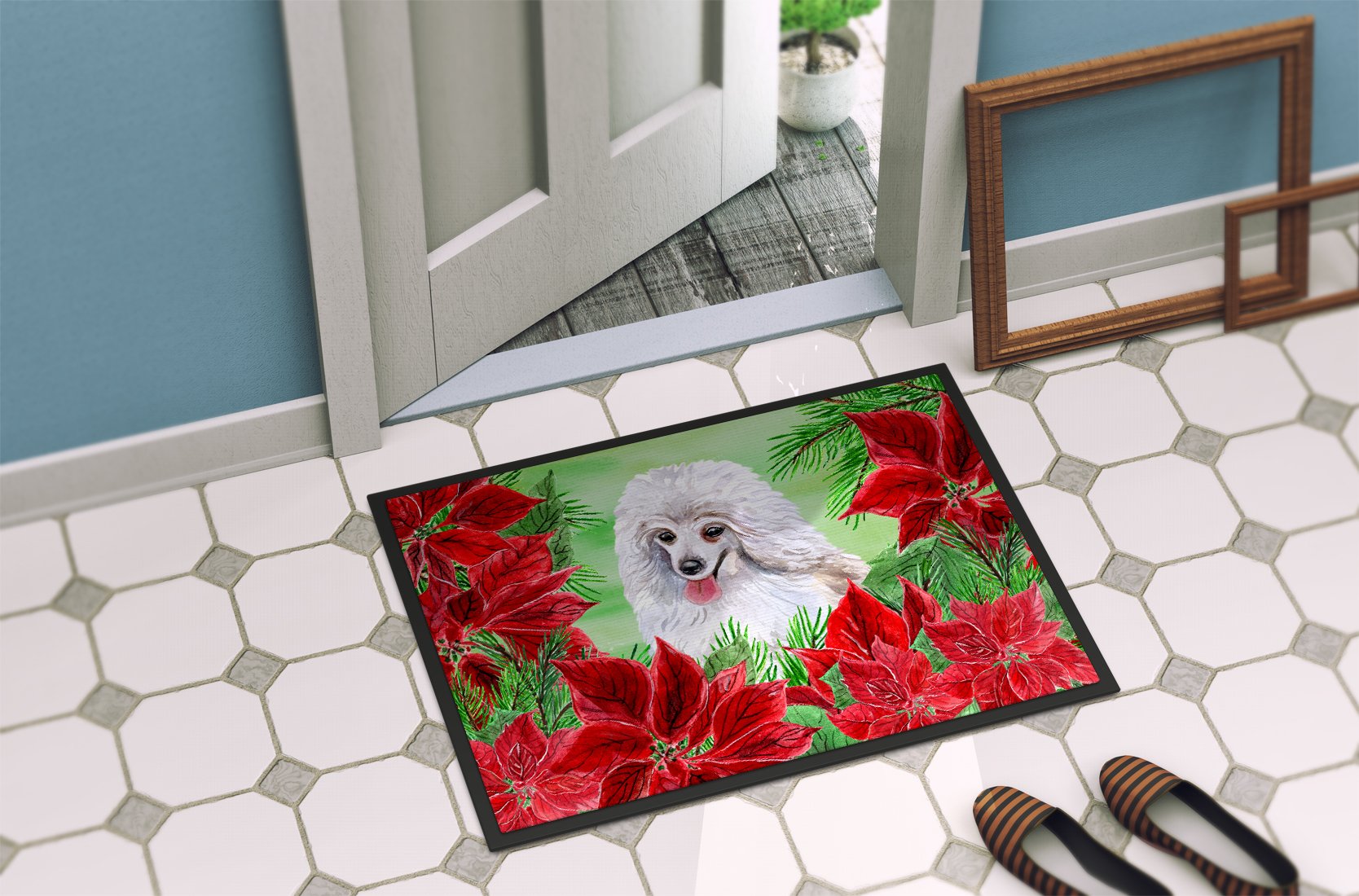 Medium White Poodle Poinsettas Indoor or Outdoor Mat 24x36 CK1331JMAT by Caroline's Treasures