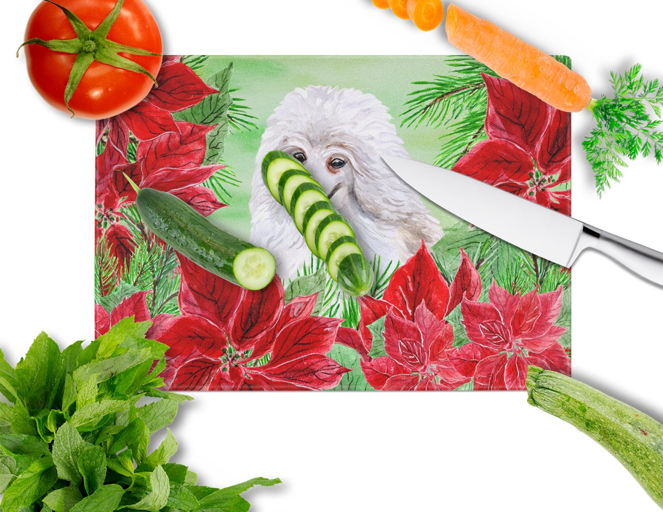 Medium White Poodle Poinsettas Glass Cutting Board Large CK1331LCB by Caroline's Treasures