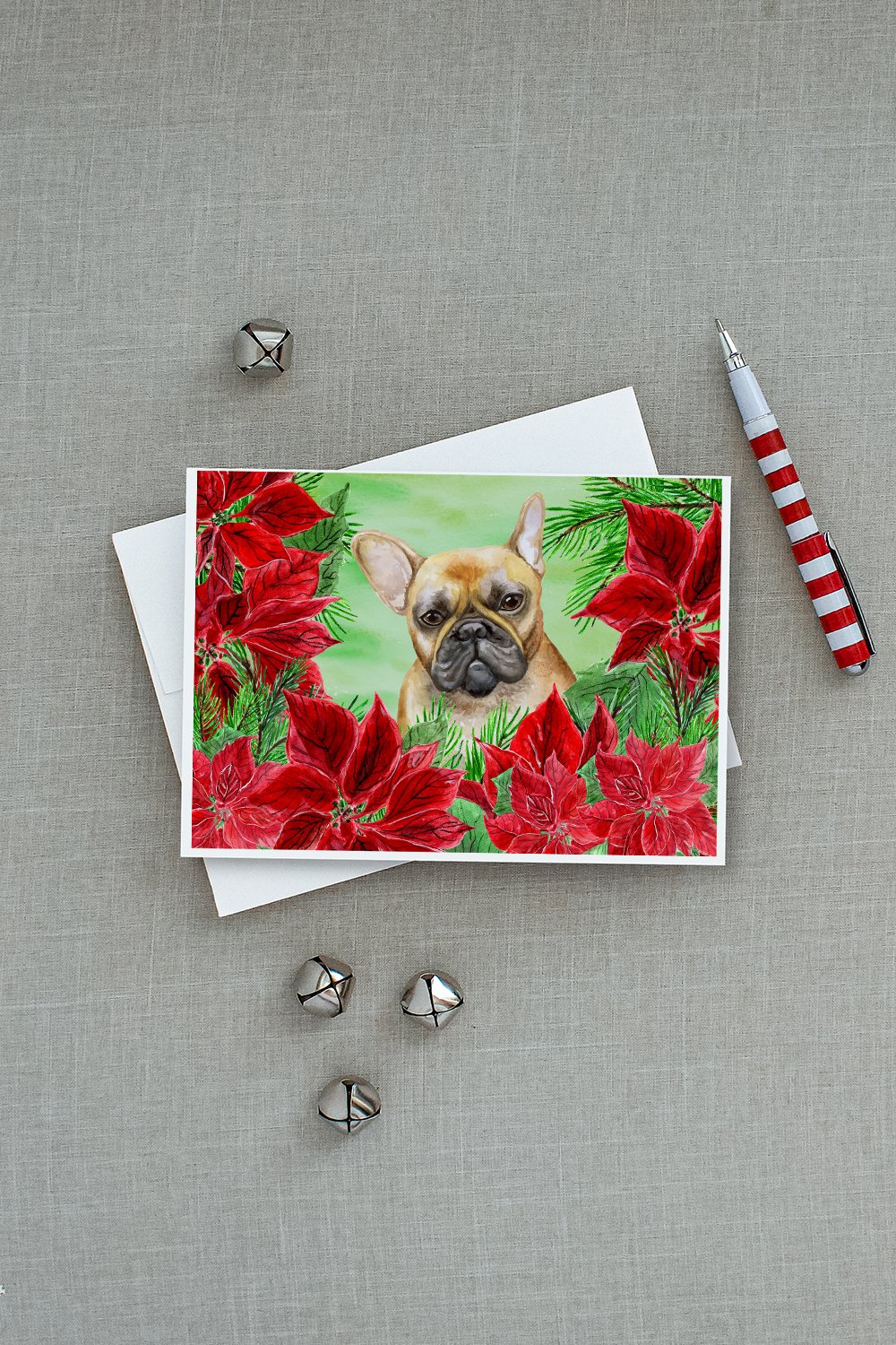 French Bulldog Poinsettas Greeting Cards and Envelopes Pack of 8 - the-store.com