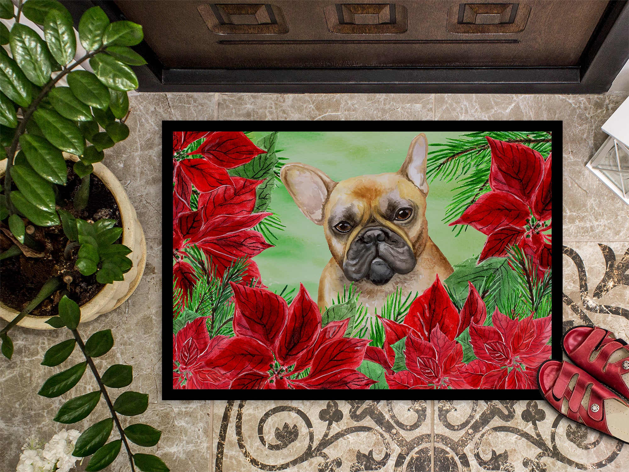 French Bulldog Poinsettas Indoor or Outdoor Mat 18x27 CK1336MAT - the-store.com