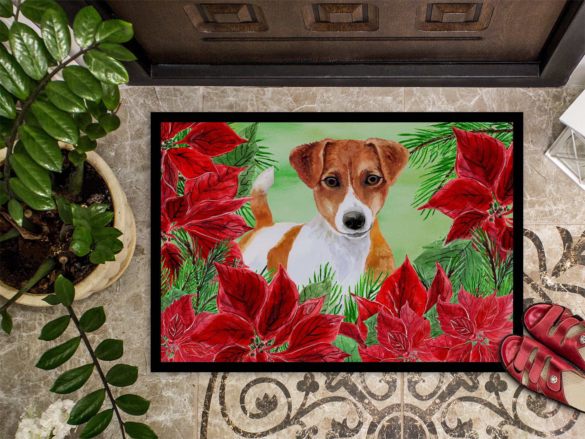 Jack Russell Terrier Poinsettas Indoor or Outdoor Mat 18x27 CK1337MAT - the-store.com