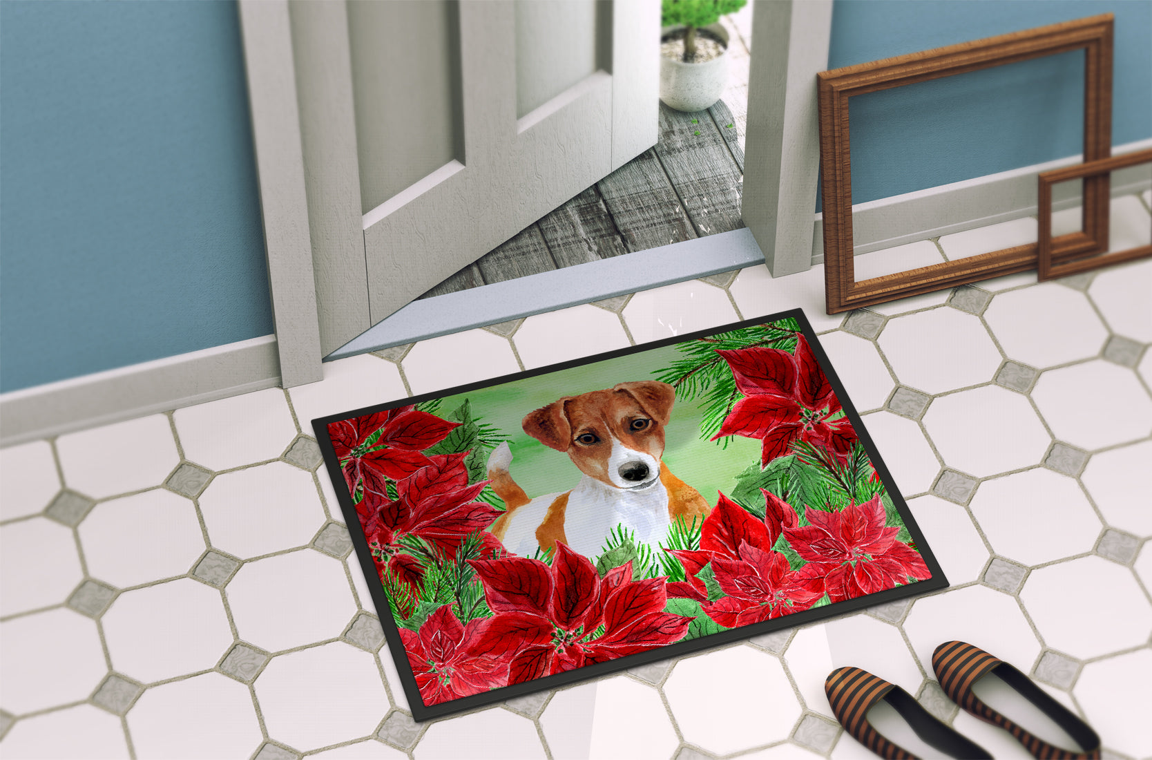 Jack Russell Terrier Poinsettas Indoor or Outdoor Mat 18x27 CK1337MAT - the-store.com