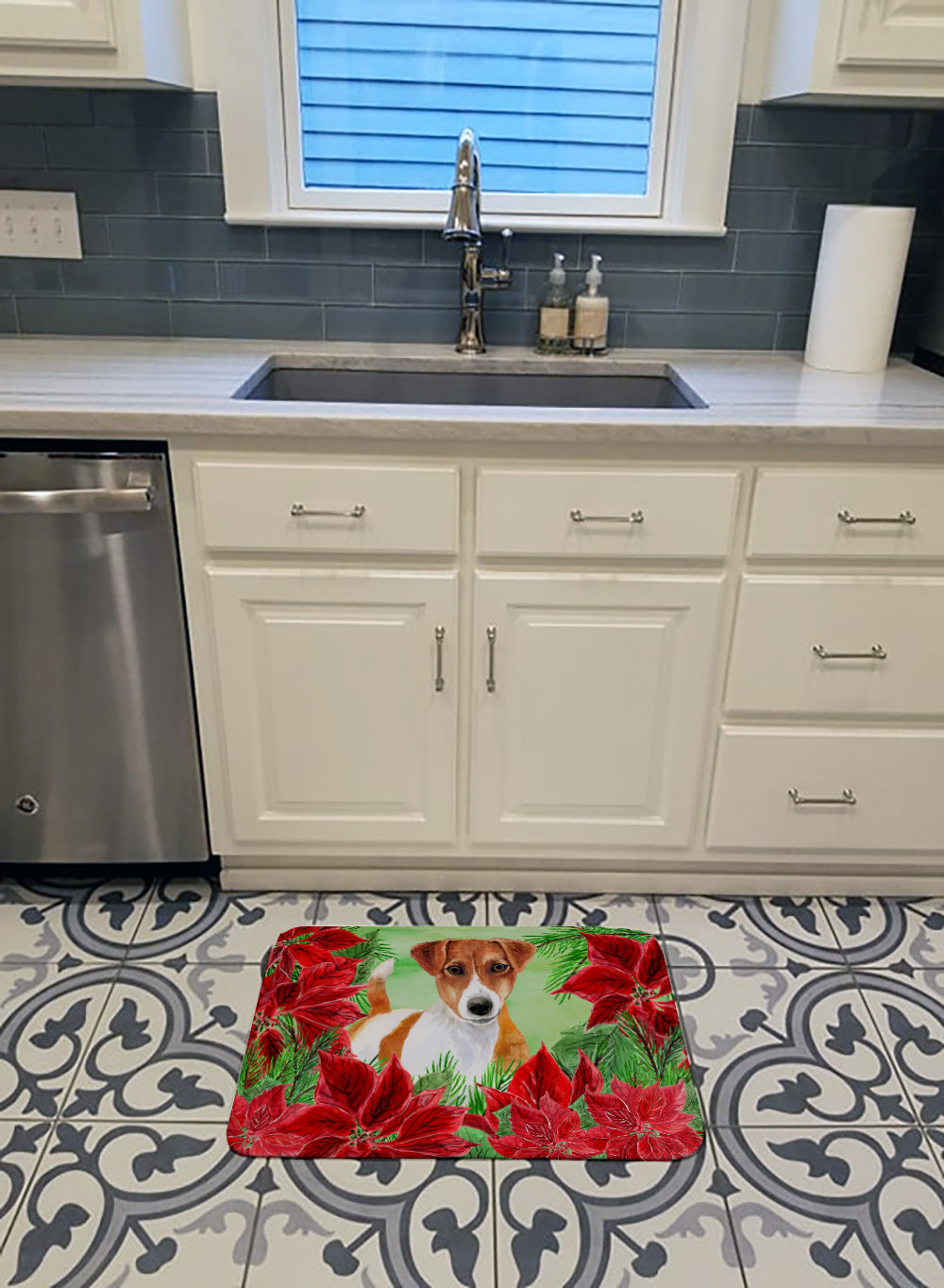 Jack Russell Terrier Poinsettas Machine Washable Memory Foam Mat CK1337RUG - the-store.com