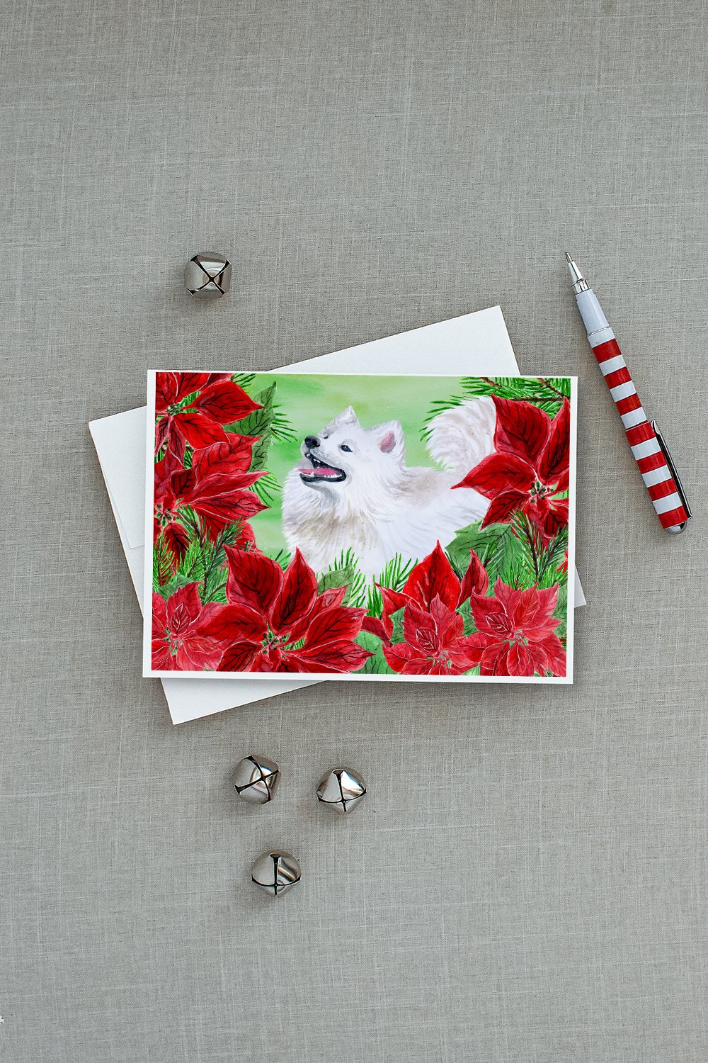 Samoyed Poinsettas Greeting Cards and Envelopes Pack of 8 - the-store.com