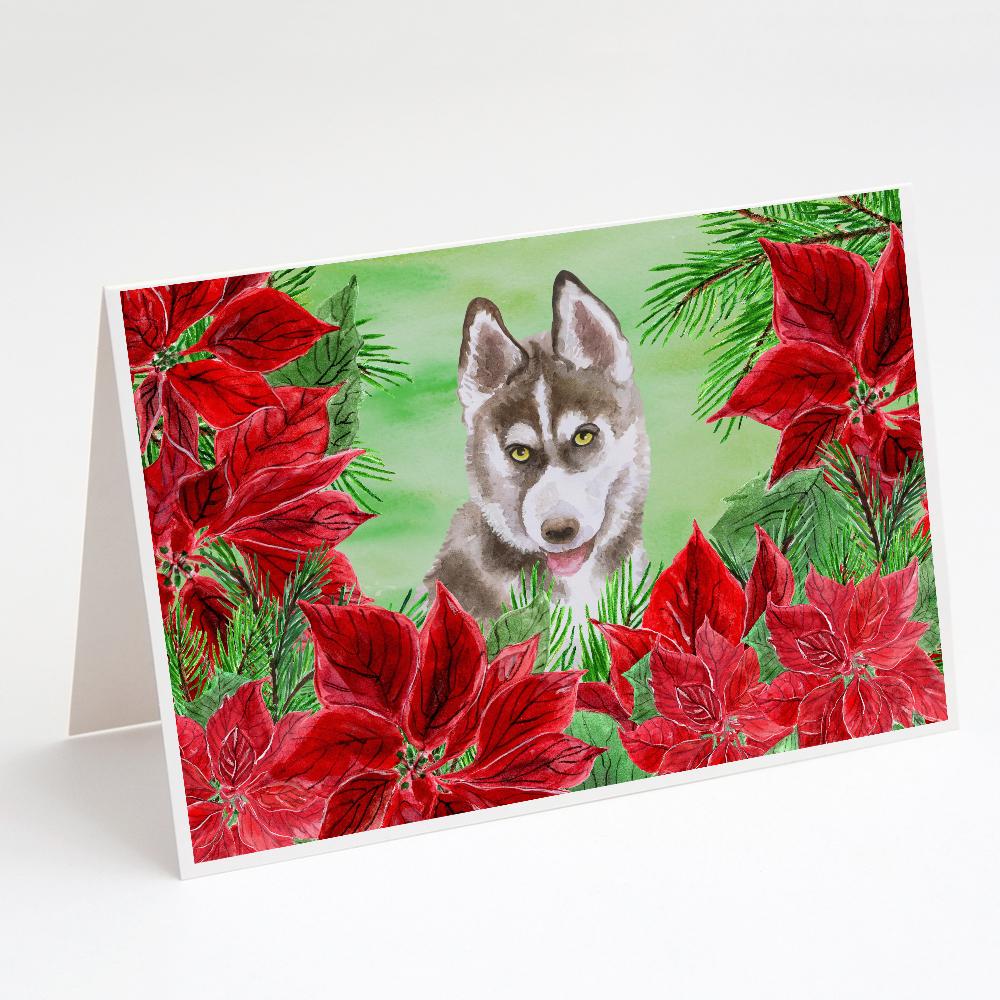 Buy this Siberian Husky Grey Poinsettas Greeting Cards and Envelopes Pack of 8