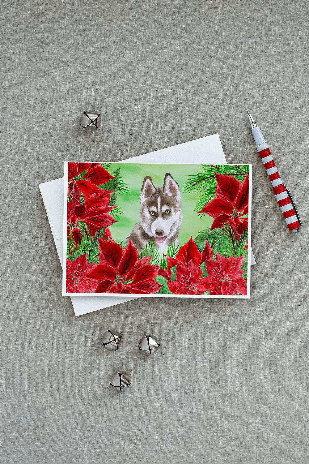 Siberian Husky Grey Poinsettas Greeting Cards and Envelopes Pack of 8 - the-store.com