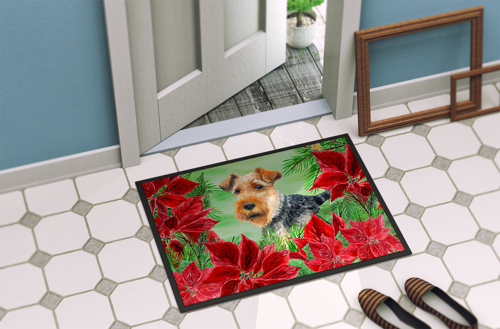 Welsh Terrier Poinsettas Indoor or Outdoor Mat 18x27 CK1348MAT - the-store.com