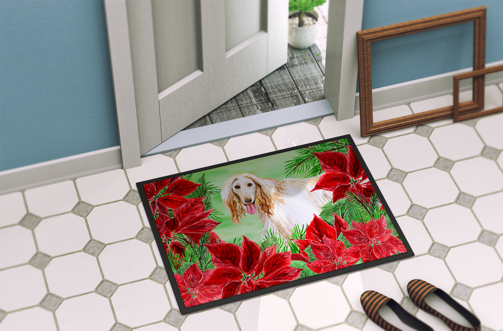 Afghan Hound Poinsettas Indoor or Outdoor Mat 18x27 CK1350MAT - the-store.com