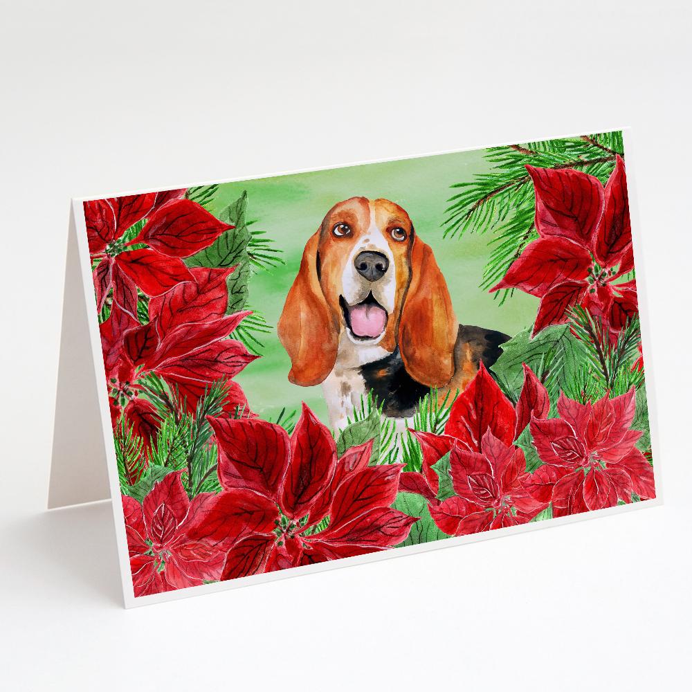 Buy this Basset Hound Poinsettas Greeting Cards and Envelopes Pack of 8