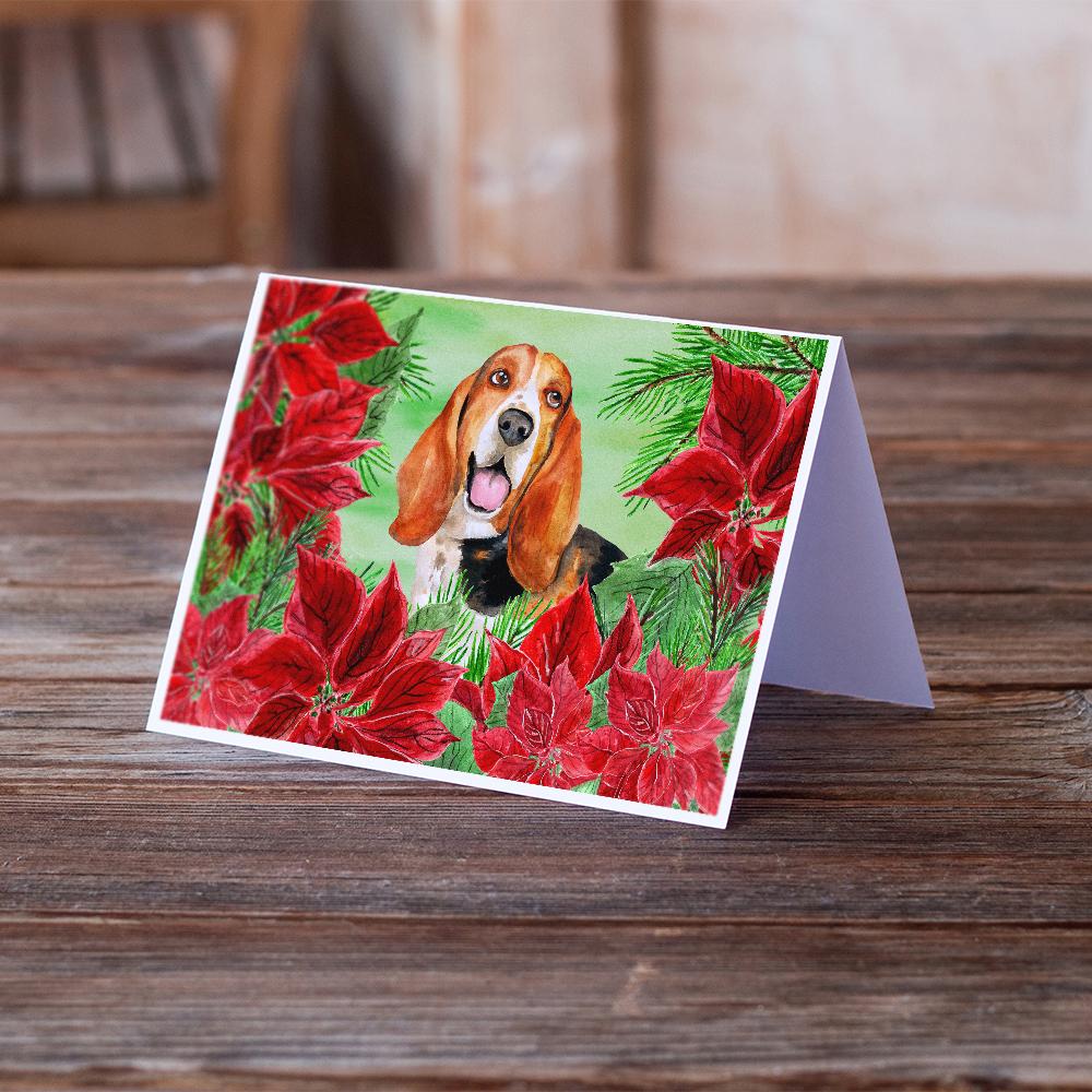 Basset Hound Poinsettas Greeting Cards and Envelopes Pack of 8 - the-store.com