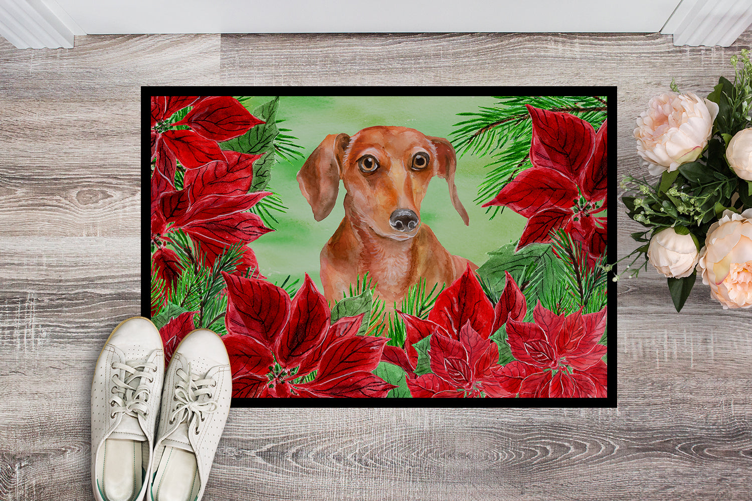 Red Dachshund Poinsettas Indoor or Outdoor Mat 18x27 CK1355MAT - the-store.com