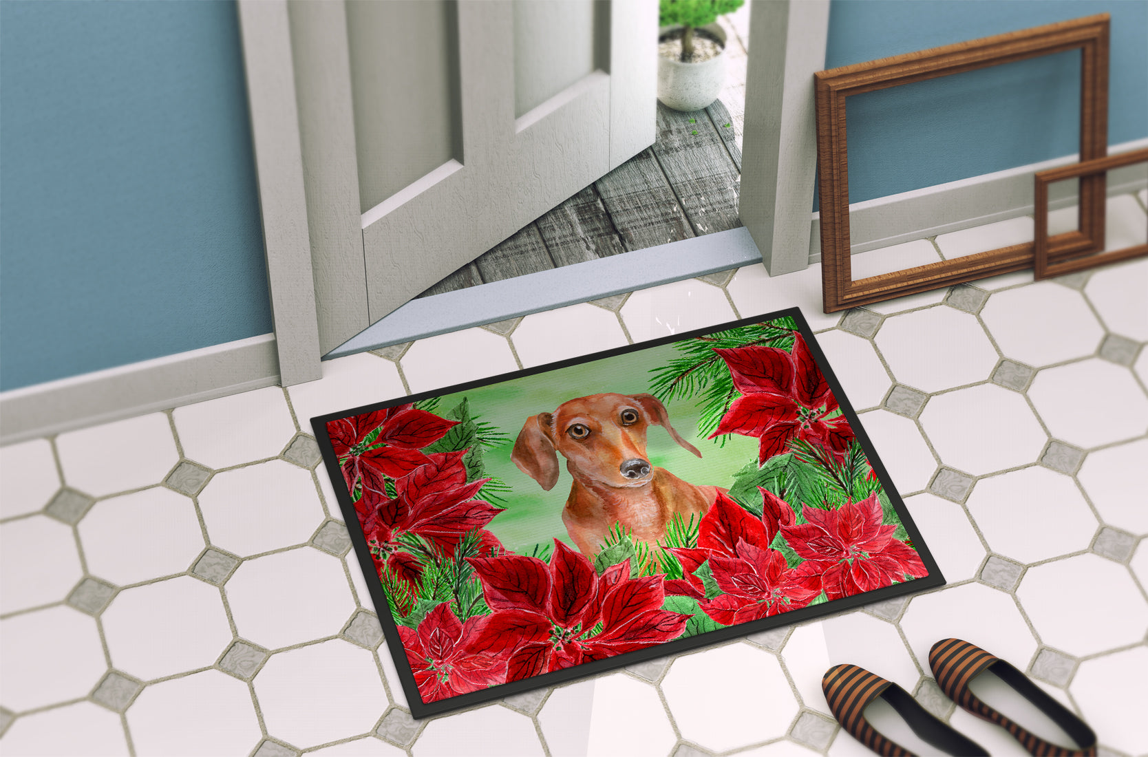 Red Dachshund Poinsettas Indoor or Outdoor Mat 18x27 CK1355MAT - the-store.com