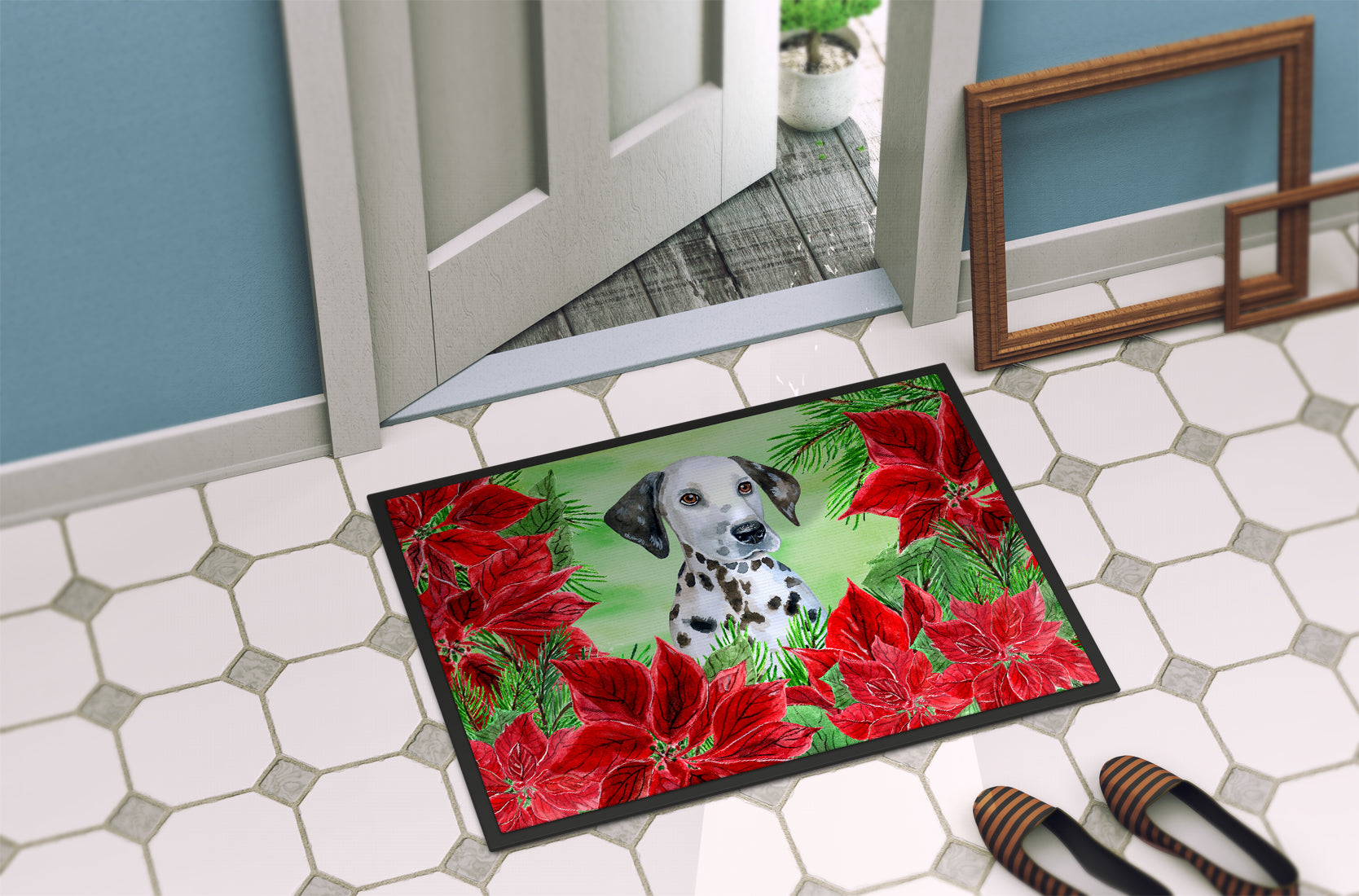Dalmatian Puppy Poinsettas Indoor or Outdoor Mat 18x27 CK1356MAT - the-store.com