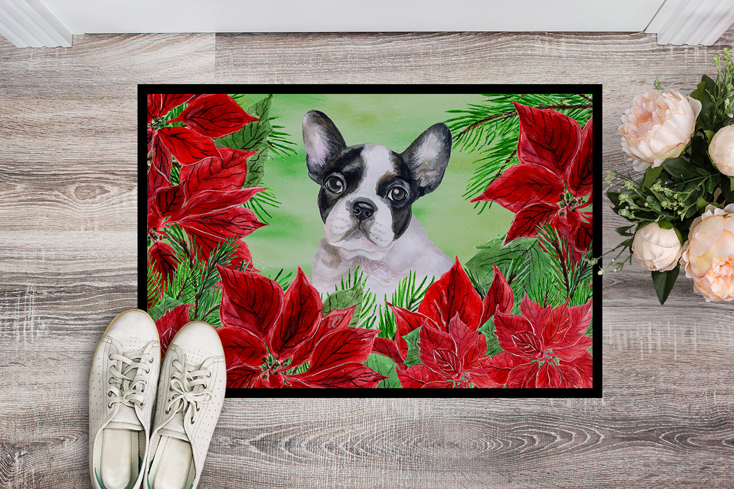 French Bulldog Black White Poinsettas Indoor or Outdoor Mat 18x27 CK1358MAT - the-store.com