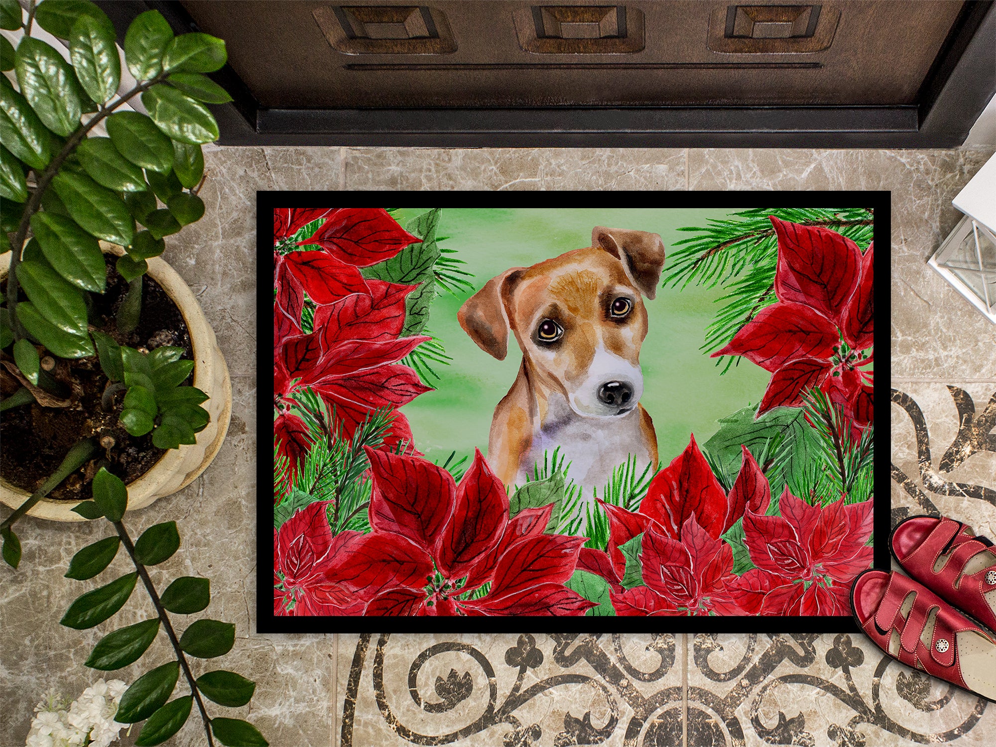 Jack Russell Terrier #2 Poinsettas Indoor or Outdoor Mat 18x27 CK1360MAT - the-store.com