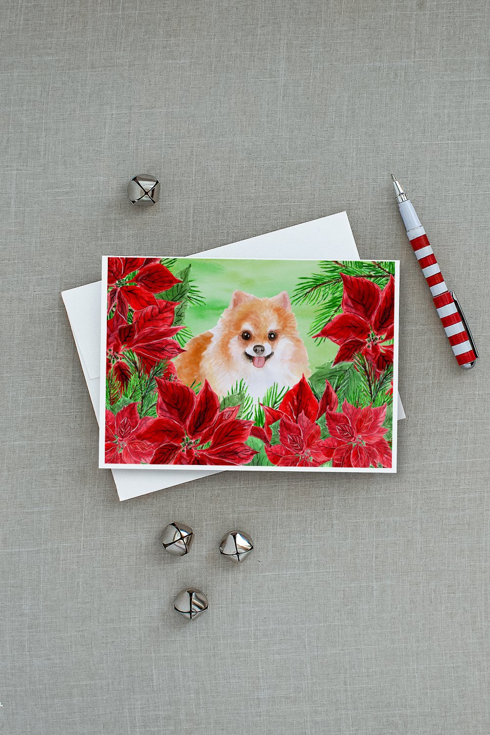 Pomeranian #2 Poinsettas Greeting Cards and Envelopes Pack of 8 - the-store.com