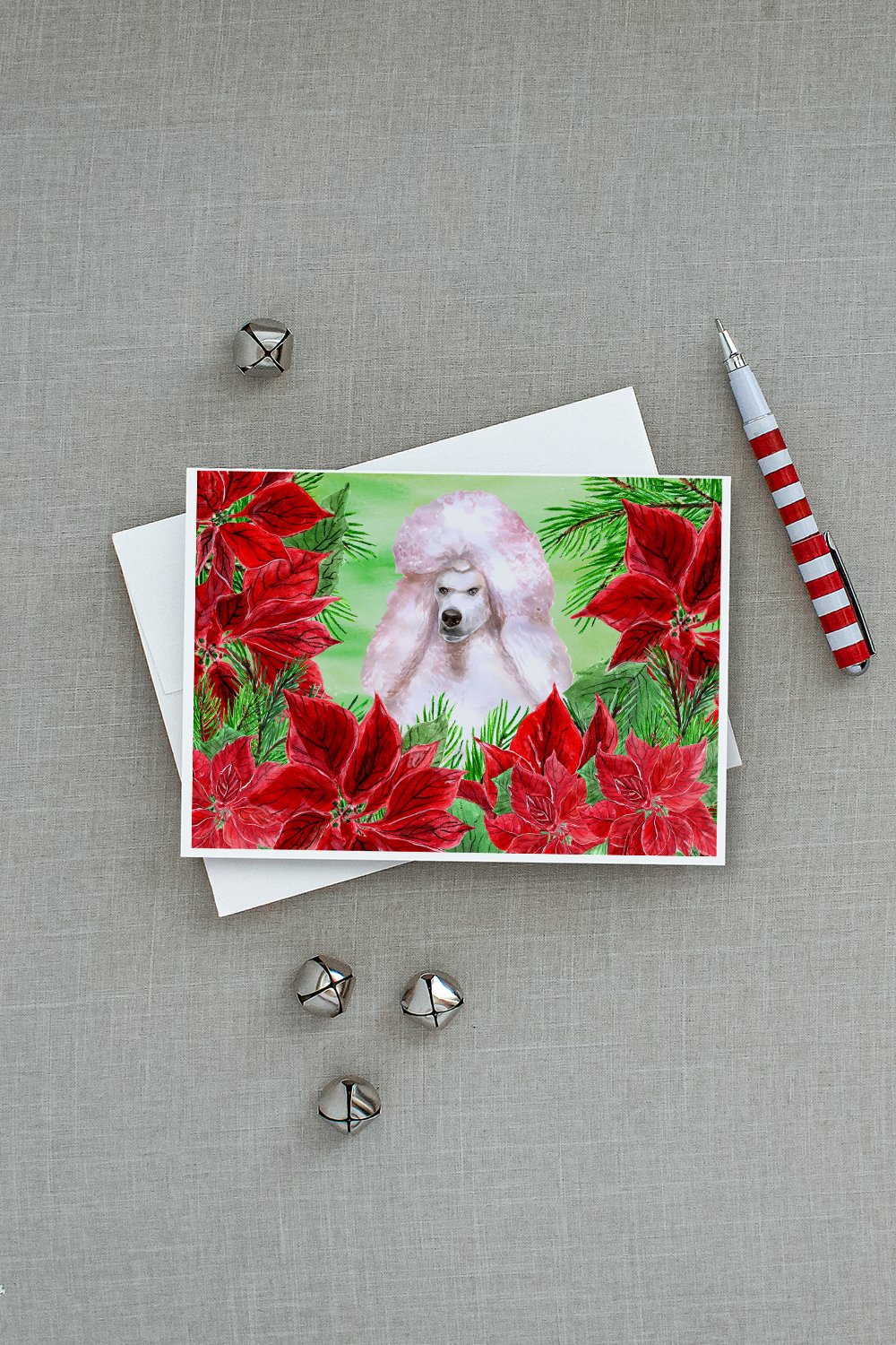 White Standard Poodle Poinsettas Greeting Cards and Envelopes Pack of 8 - the-store.com