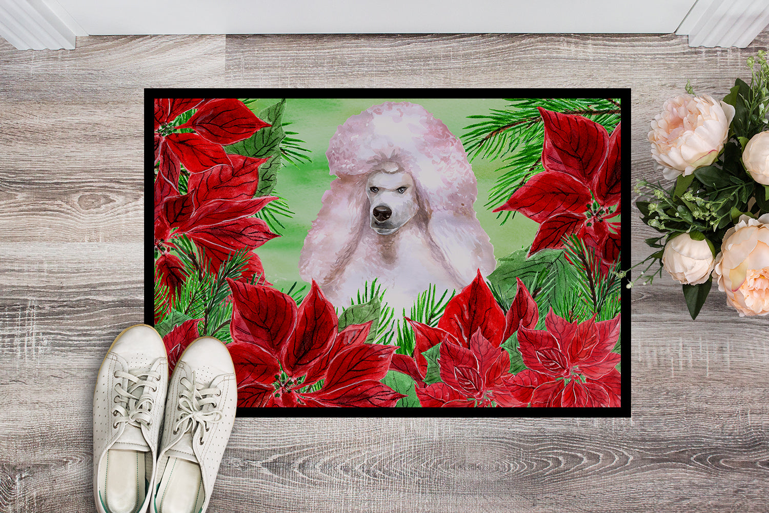White Standard Poodle Poinsettas Indoor or Outdoor Mat 18x27 CK1364MAT - the-store.com