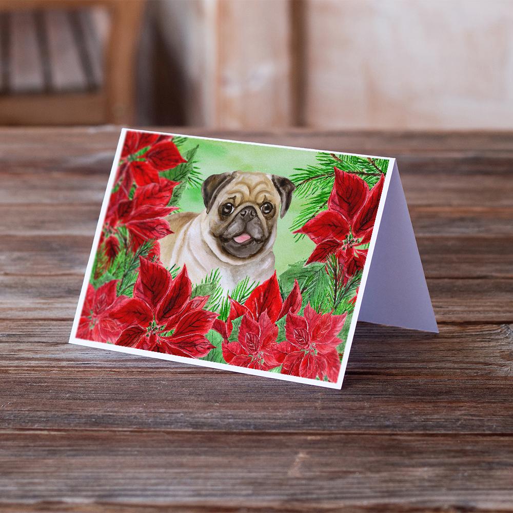 Fawn Pug Poinsettas Greeting Cards and Envelopes Pack of 8 - the-store.com