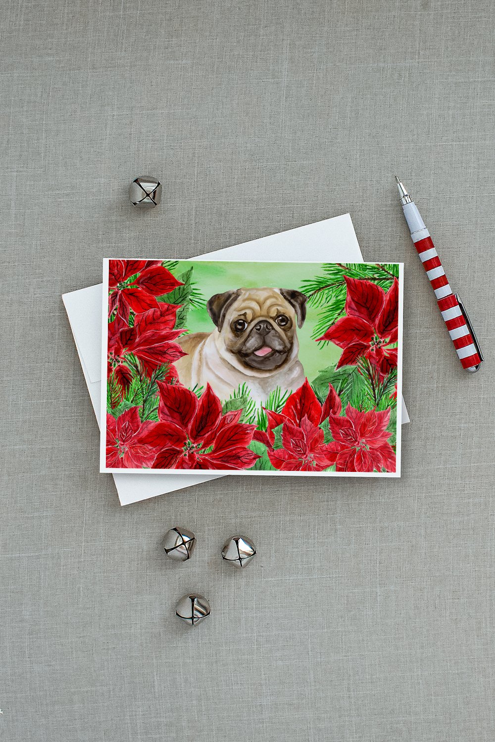 Fawn Pug Poinsettas Greeting Cards and Envelopes Pack of 8 - the-store.com