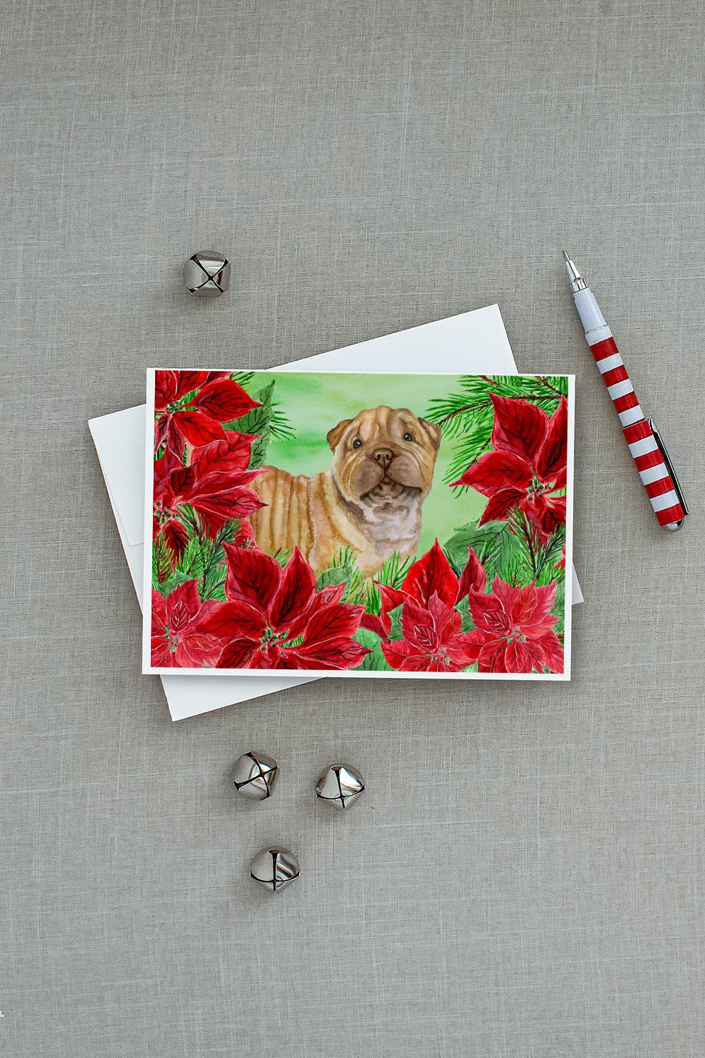 Shar Pei Puppy Poinsettas Greeting Cards and Envelopes Pack of 8 - the-store.com