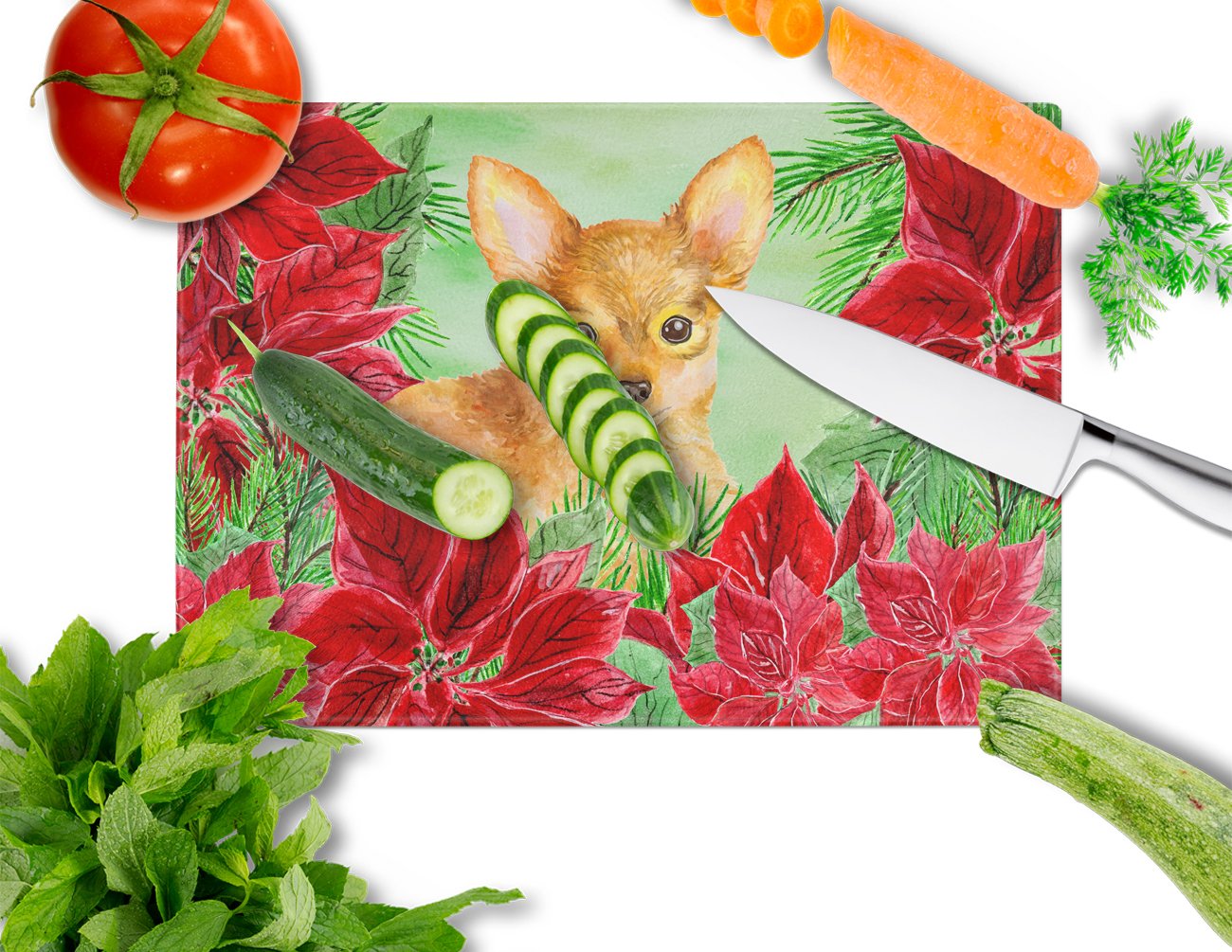Toy Terrier Poinsettas Glass Cutting Board Large CK1369LCB by Caroline's Treasures