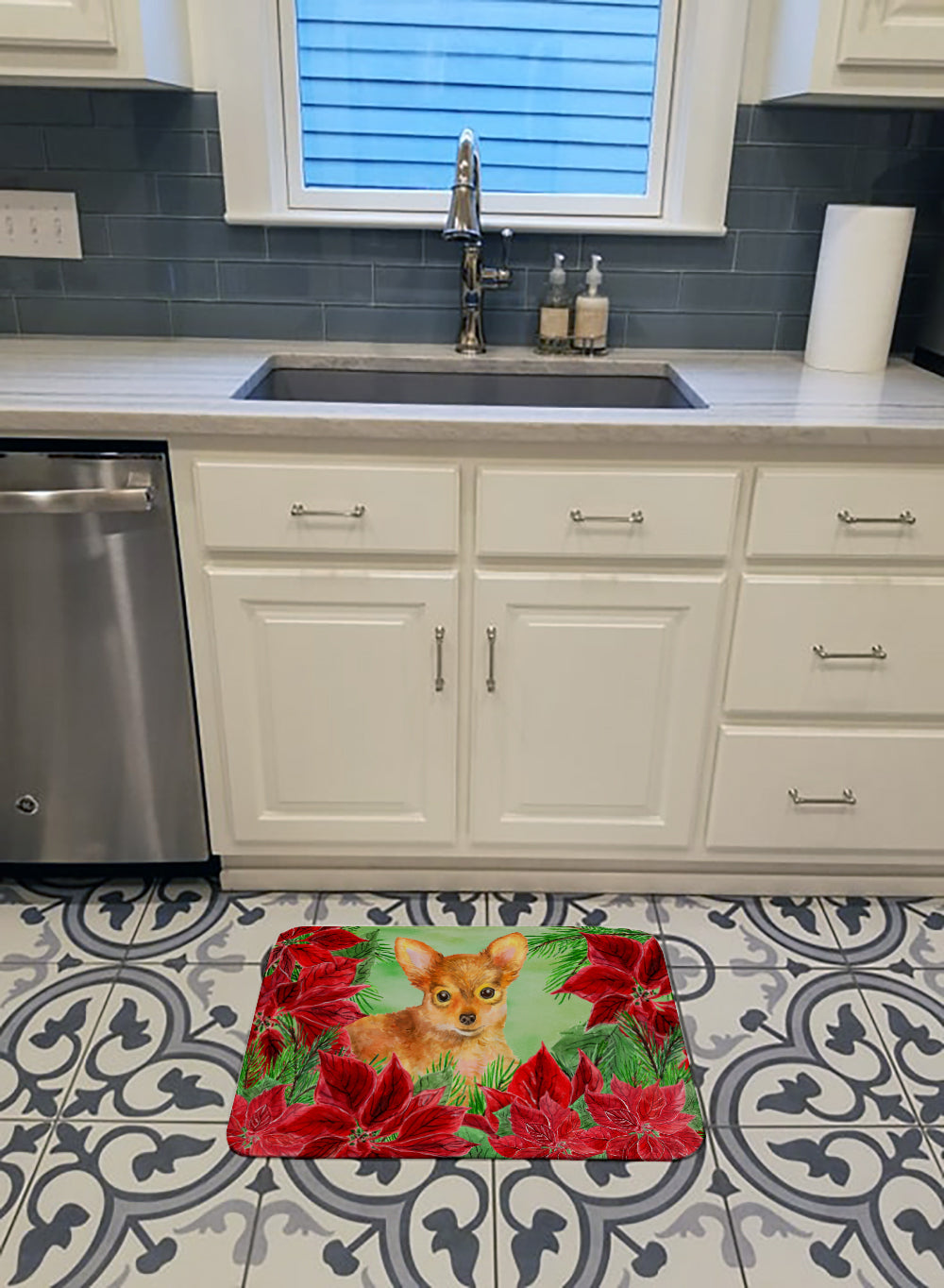 Toy Terrier Poinsettas Machine Washable Memory Foam Mat CK1369RUG - the-store.com