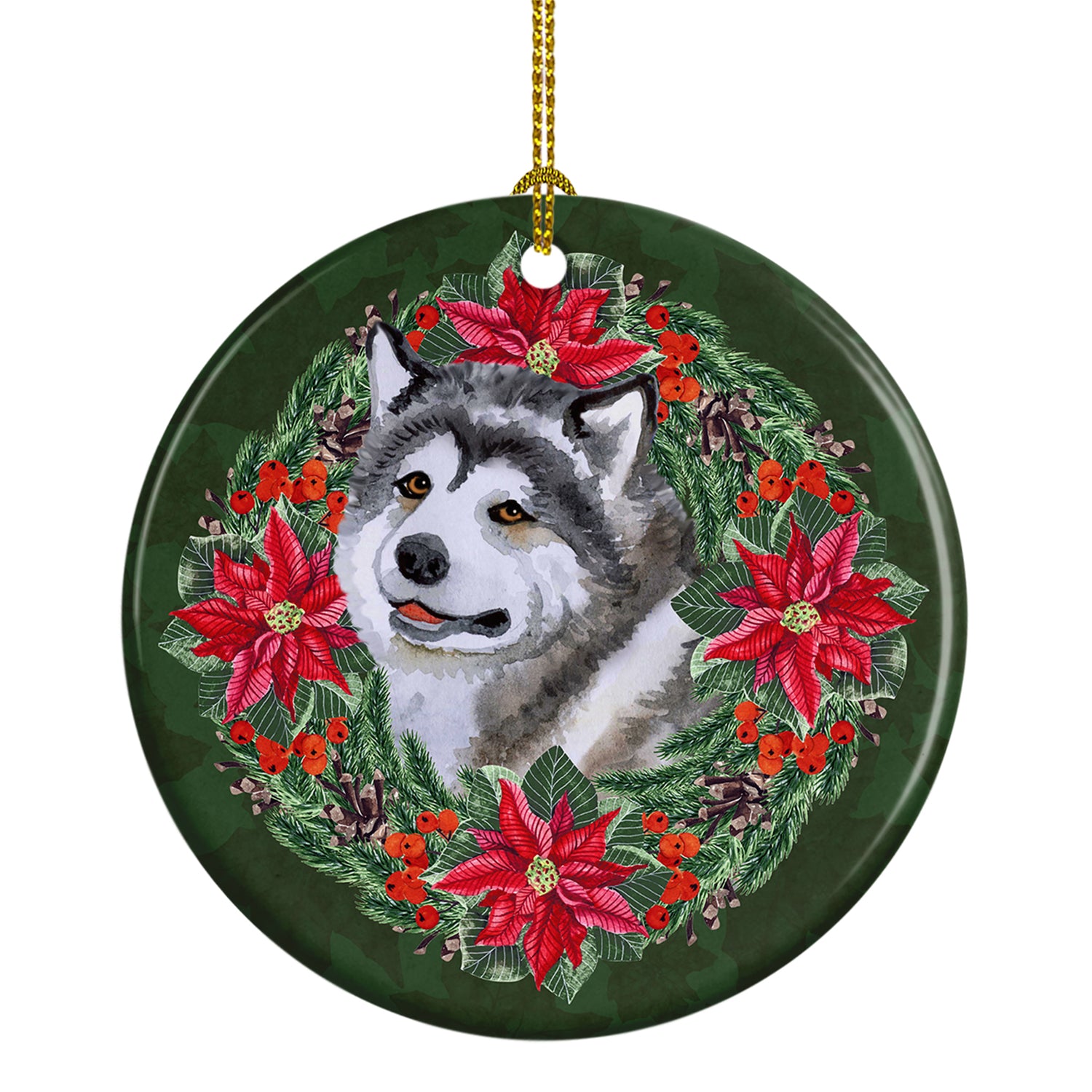 Buy this Alaskan Malamute Poinsetta Wreath Ceramic Ornament