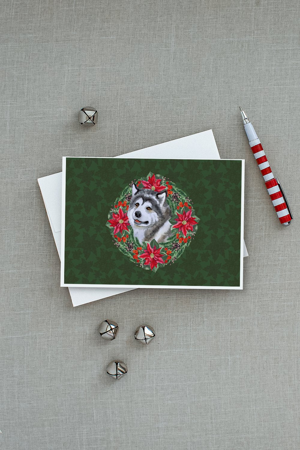 Alaskan Malamute Poinsetta Wreath Greeting Cards and Envelopes Pack of 8 - the-store.com