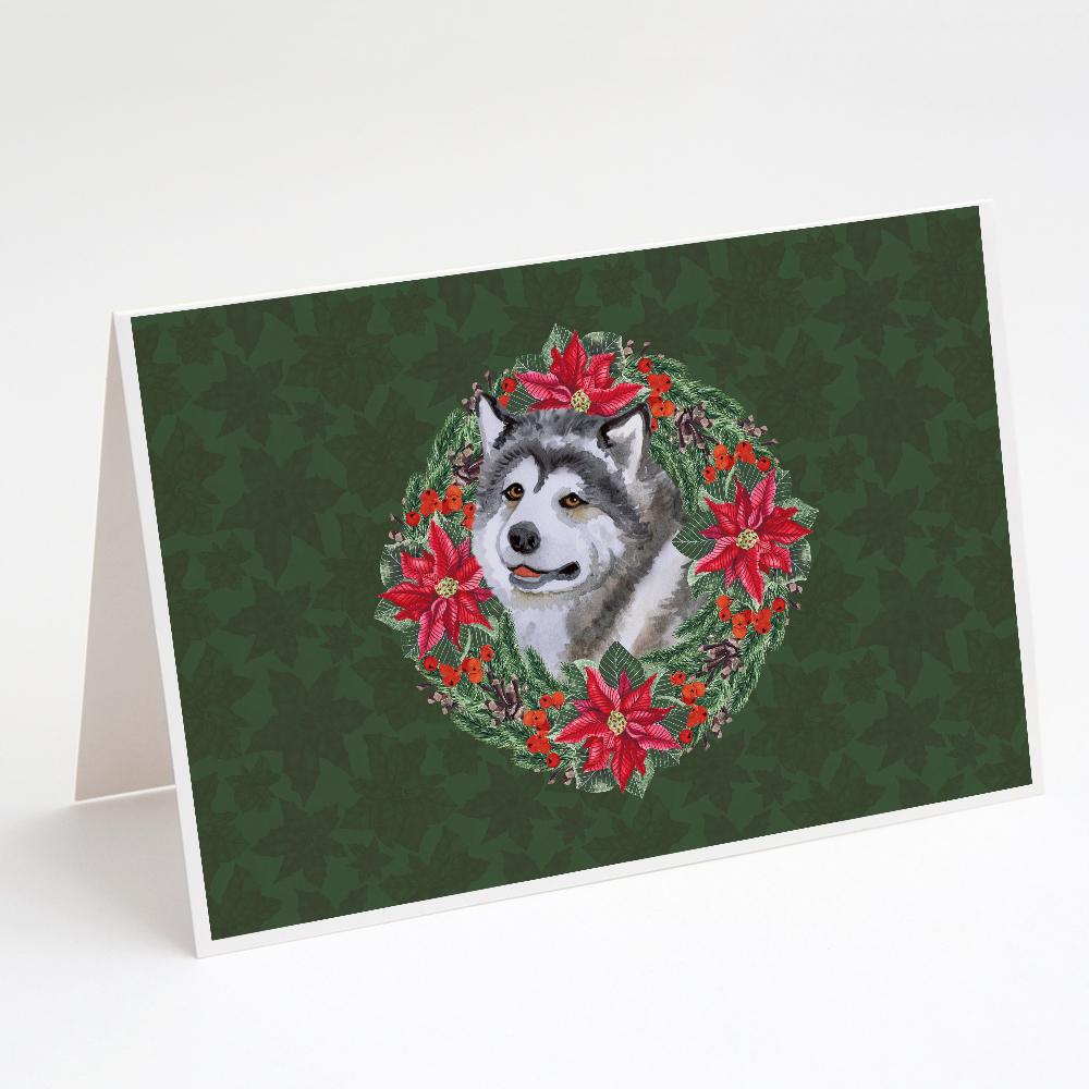 Buy this Alaskan Malamute Poinsetta Wreath Greeting Cards and Envelopes Pack of 8