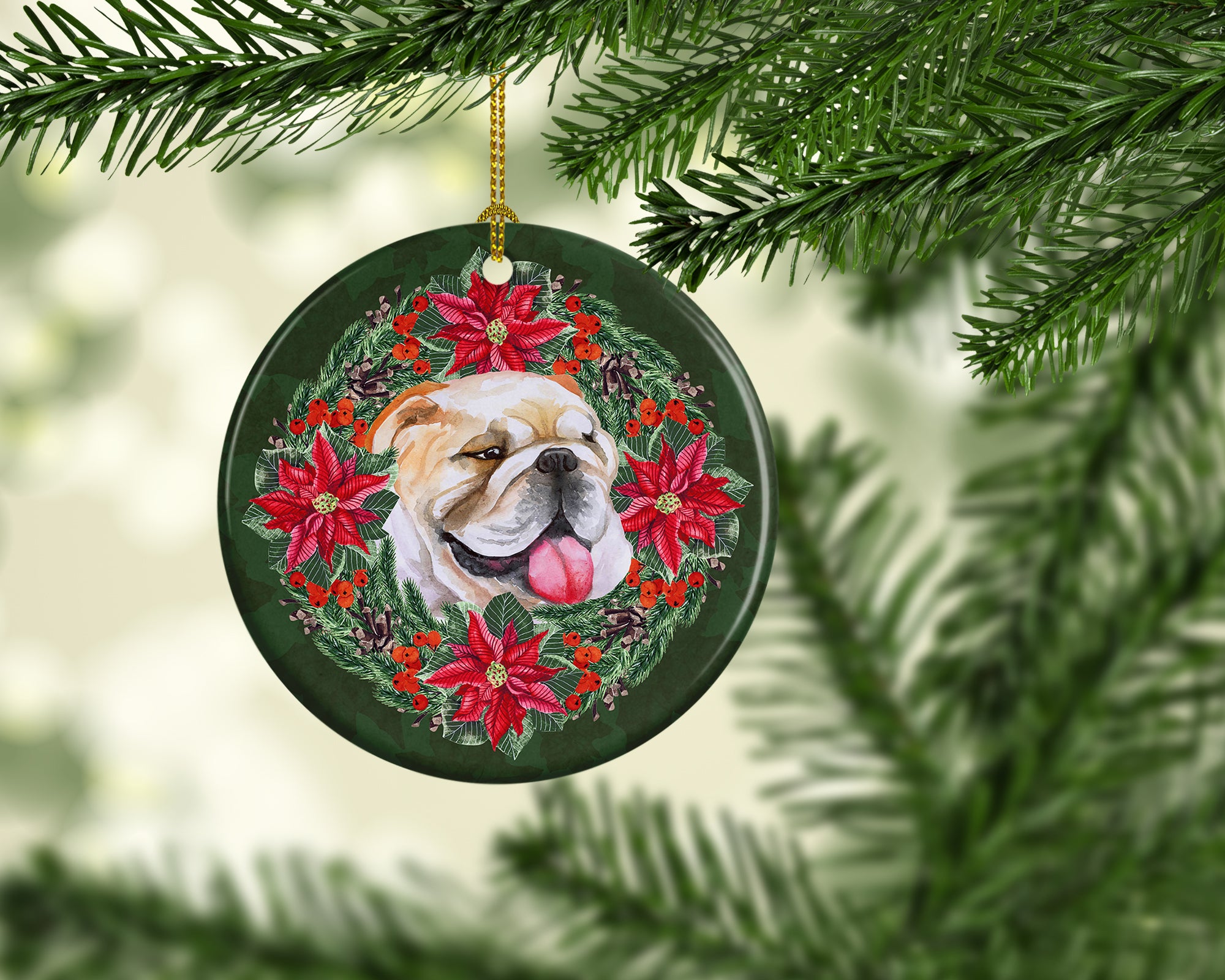 English Bulldog Poinsetta Wreath Ceramic Ornament - the-store.com