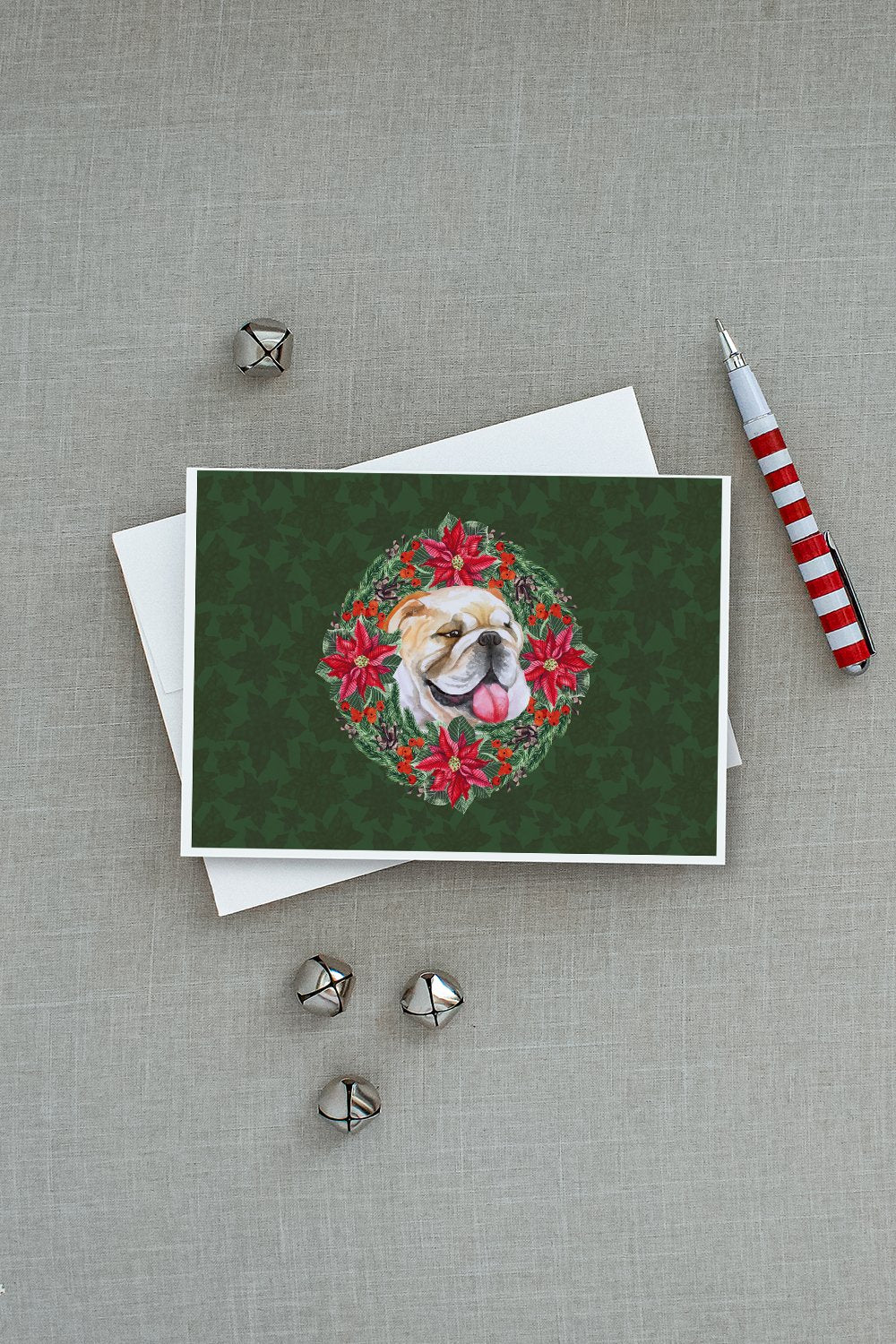 English Bulldog Poinsetta Wreath Greeting Cards and Envelopes Pack of 8 - the-store.com