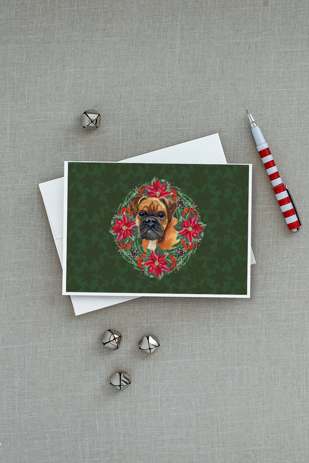 German Boxer Poinsetta Wreath Greeting Cards and Envelopes Pack of 8 - the-store.com