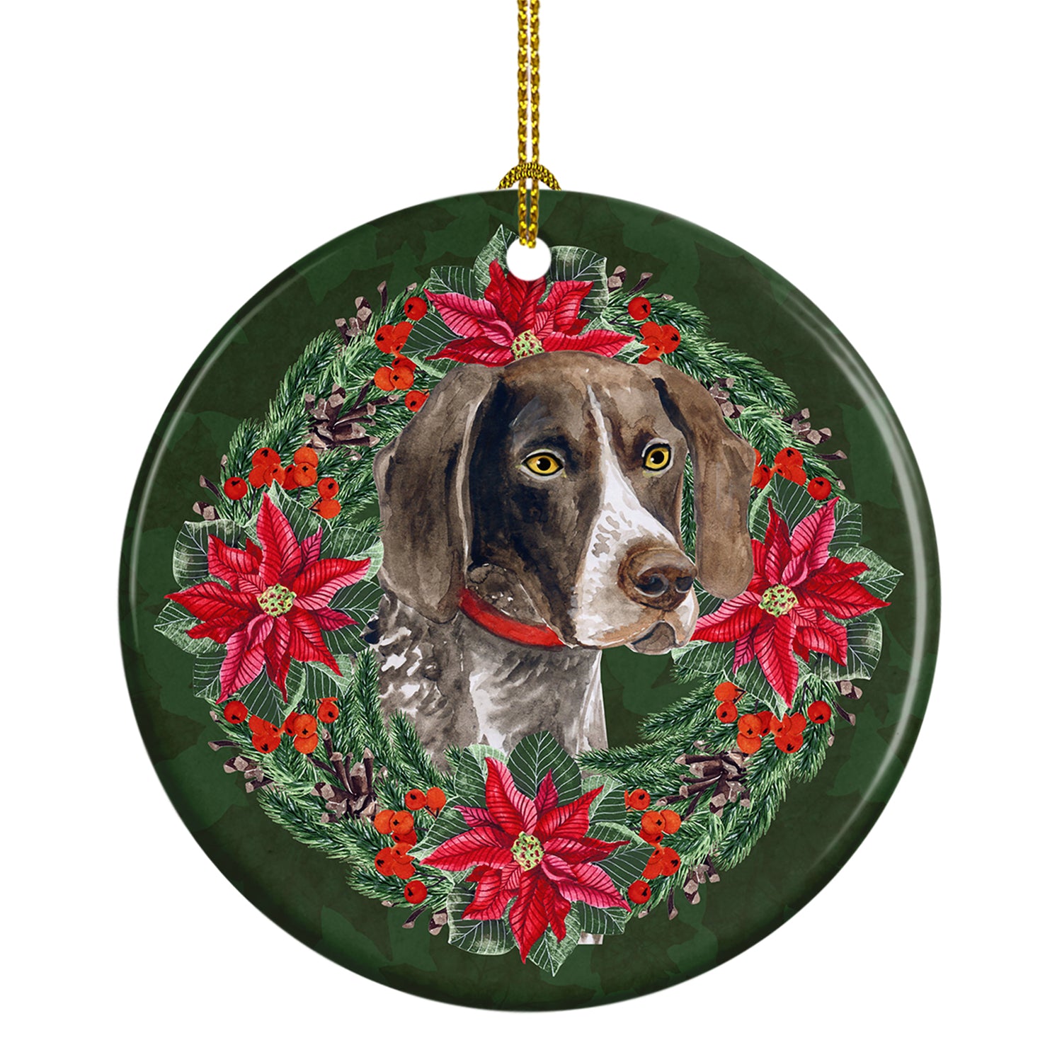Buy this German Shorthaired Pointer Poinsetta Wreath Ceramic Ornament