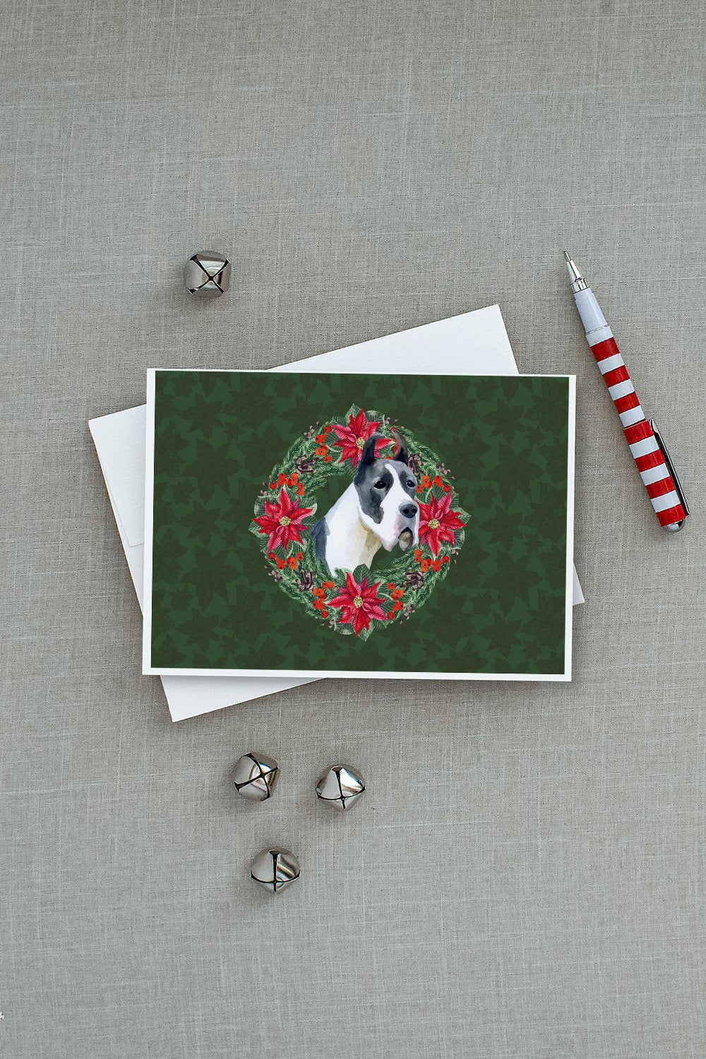 Harlequin Great Dane Poinsetta Wreath Greeting Cards and Envelopes Pack of 8 - the-store.com